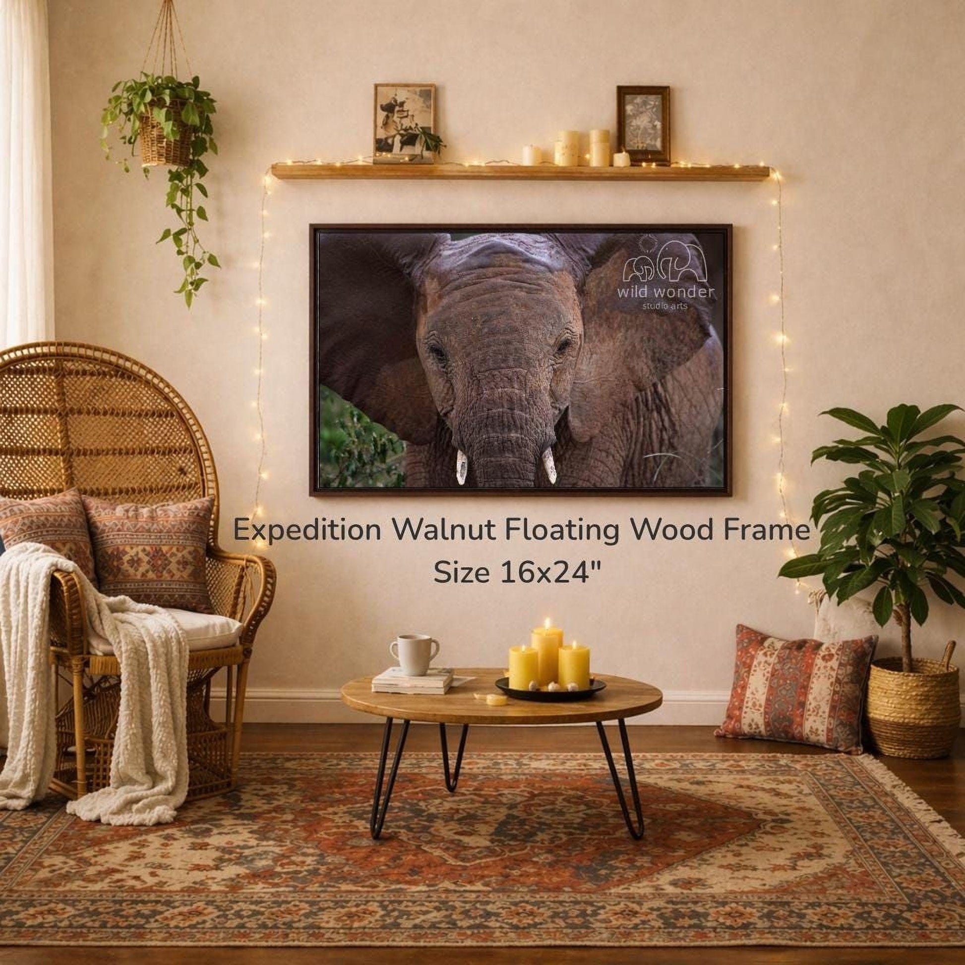 a large, 16x24" walnut floating wood frame hanging on a wall, with a large photograph of an elephant displayed on it. The room has a cozy, rustic atmosphere with a wicker chair, a coffee table, and various decorative elements such as plants and candles.