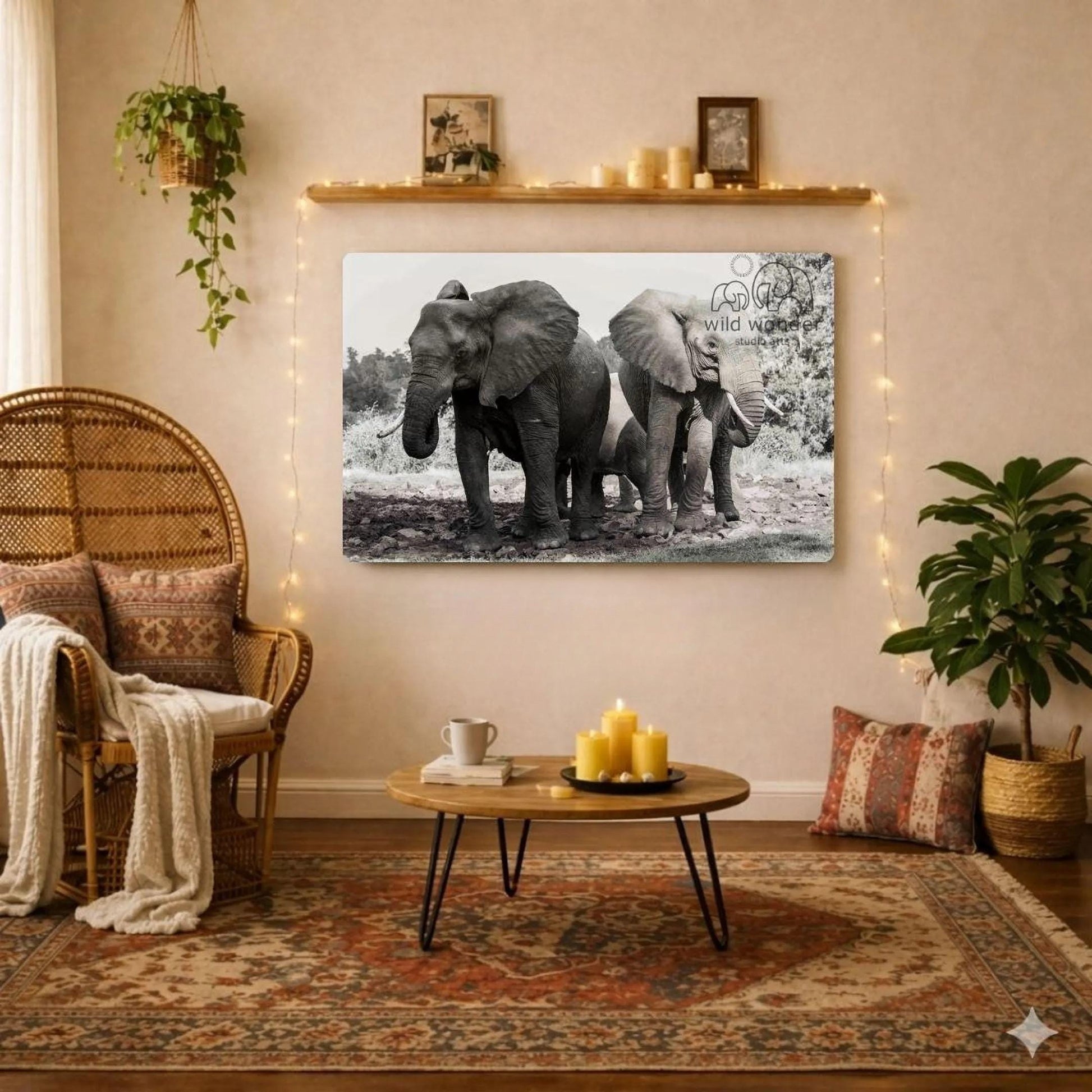 a living room with a large metal print of two elephants on the wall, a wicker chair, a coffee table, and various decorative elements such as plants and candles.