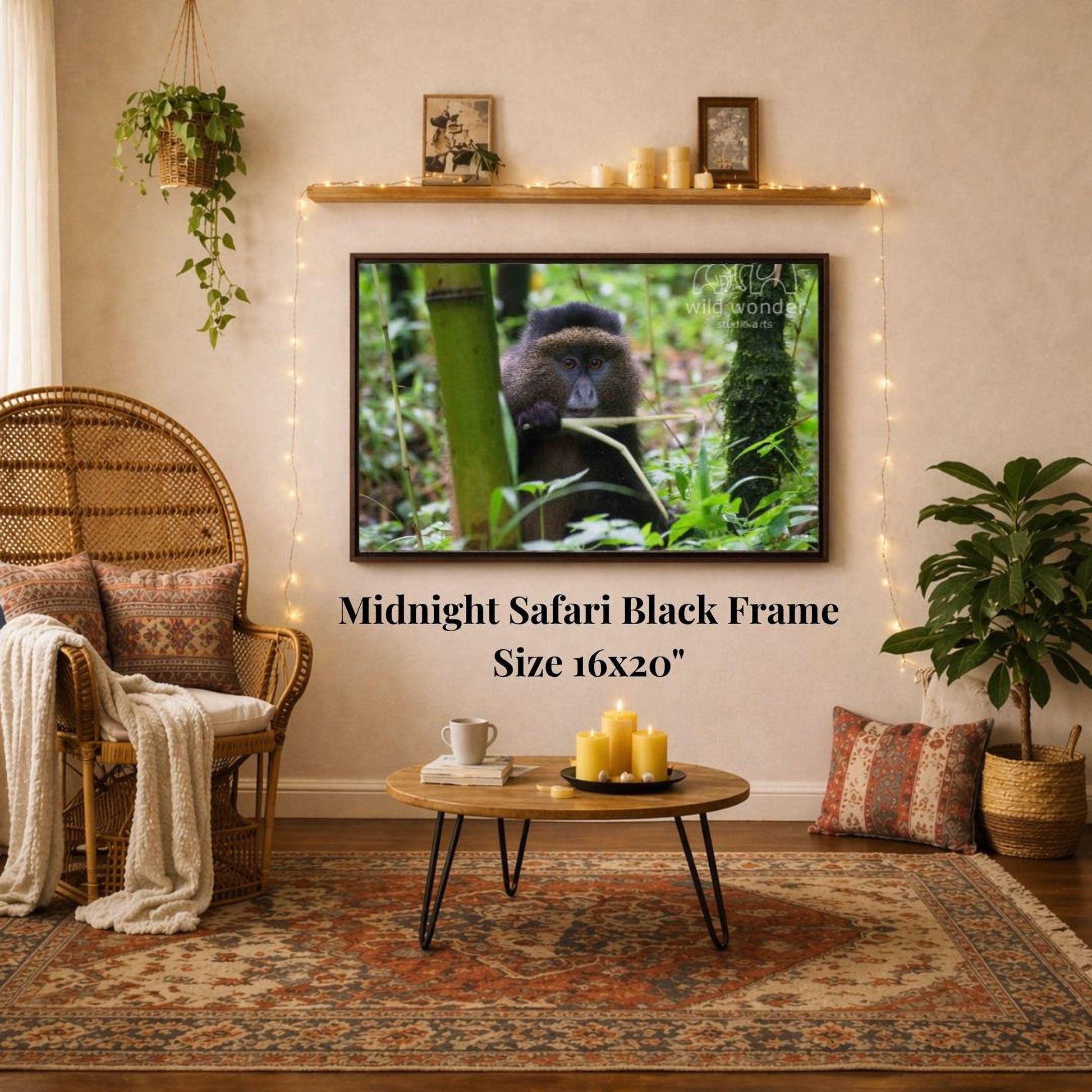 a living room with a large framed photograph of a monkey hanging on the wall. The photograph is in a black frame and is surrounded by various decorative elements, such as a potted plant, a woven chair, and a coffee table. The room has a cozy and inviting atmosphere, with string lights and candles adding to the ambiance.