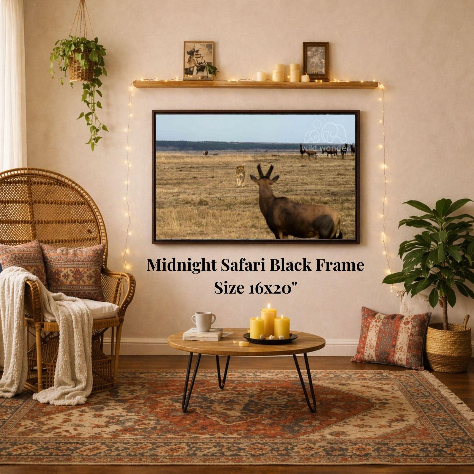 a living room with a large framed photograph of a safari scene hanging on the wall. The photograph is mounted on a black frame, and the text "Midnight Safari Black Frame" is displayed below it. The room has a cozy and inviting atmosphere, with a wicker chair, a coffee table, and a potted plant.