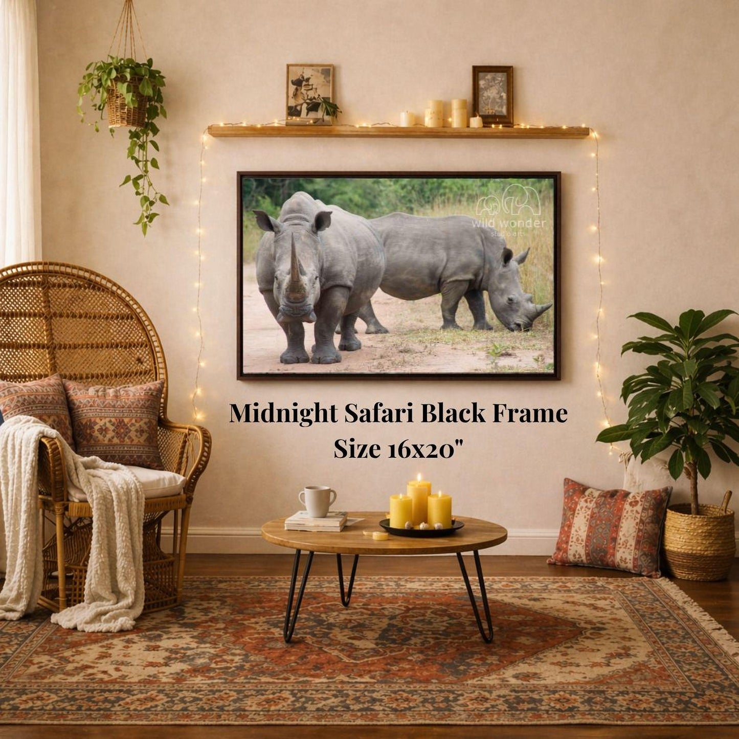a living room with a large framed photograph of two rhinos on the wall, a wicker chair, a coffee table, and a potted plant.