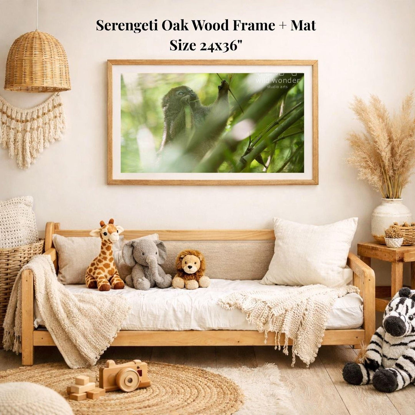 a cozy living room with a wooden sofa, a framed photograph of a green animal, and various decorative elements such as a woven basket, a potted plant, and a stuffed animal.