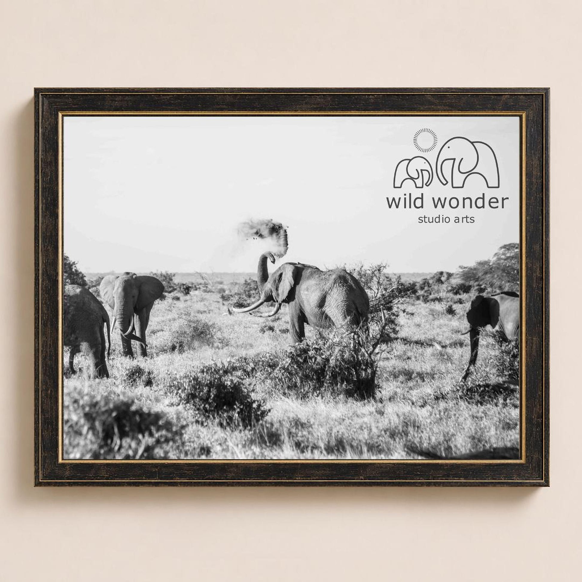 A black and white photograph of a herd of elephants in a grassy field, with the text "wild wonder studio arts" displayed in the top right corner.