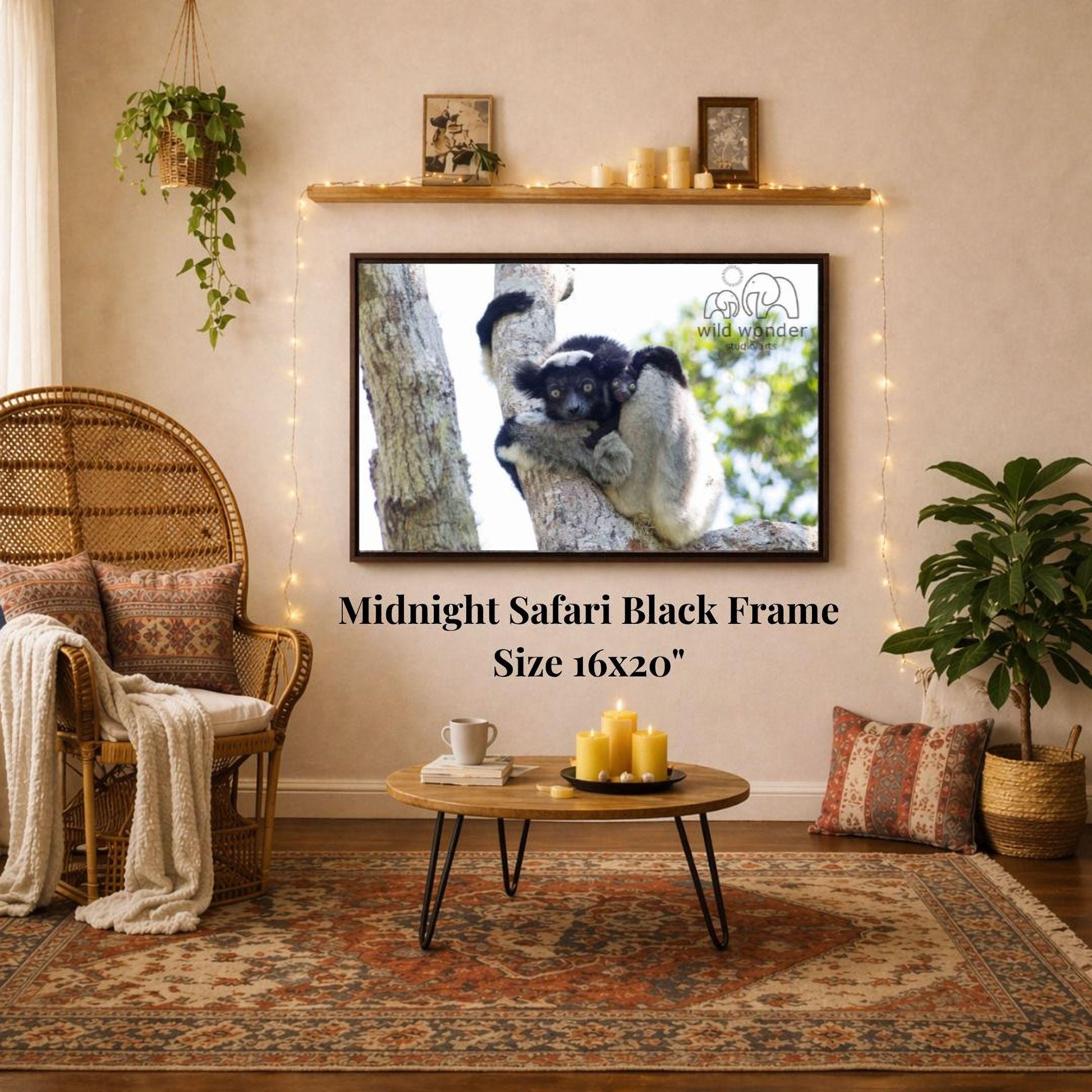 a cozy living room with a large framed photograph of a black and white animal, likely a monkey or a leopard, hanging on the wall. The photograph is framed in a 16x20" size. The room is decorated with various items, including a wicker chair, a coffee table, and a potted plant. The overall atmosphere of the room appears warm and inviting, with the photograph serving as a focal point on the wall.