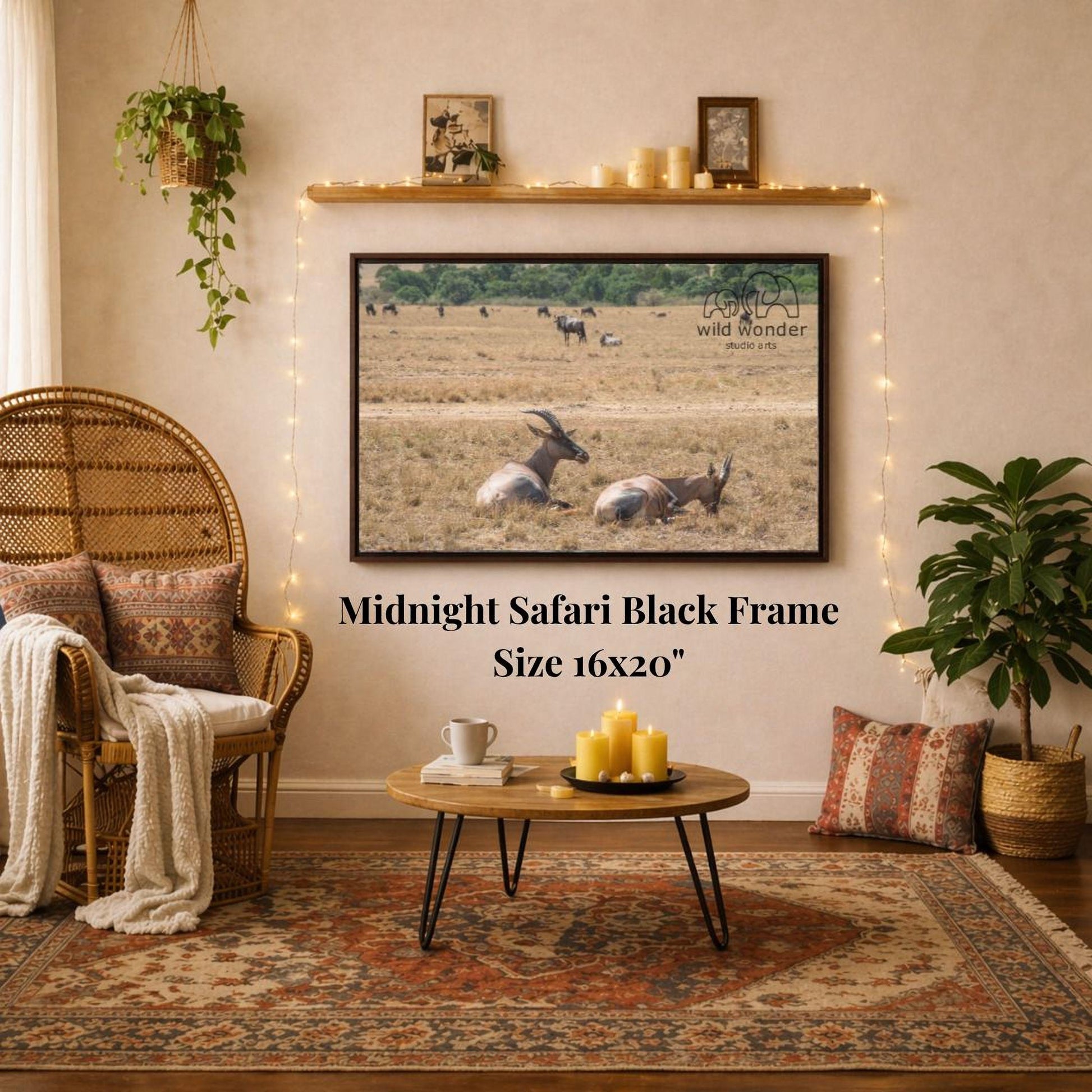 a living room with a large framed photograph of a group of animals, likely zebras, hanging on the wall. The photograph is mounted on a black frame, and the text "Midnight Safari Black Frame" is displayed below it. The room also includes a wicker chair, a coffee table, and various decorative elements such as a potted plant and a vase.