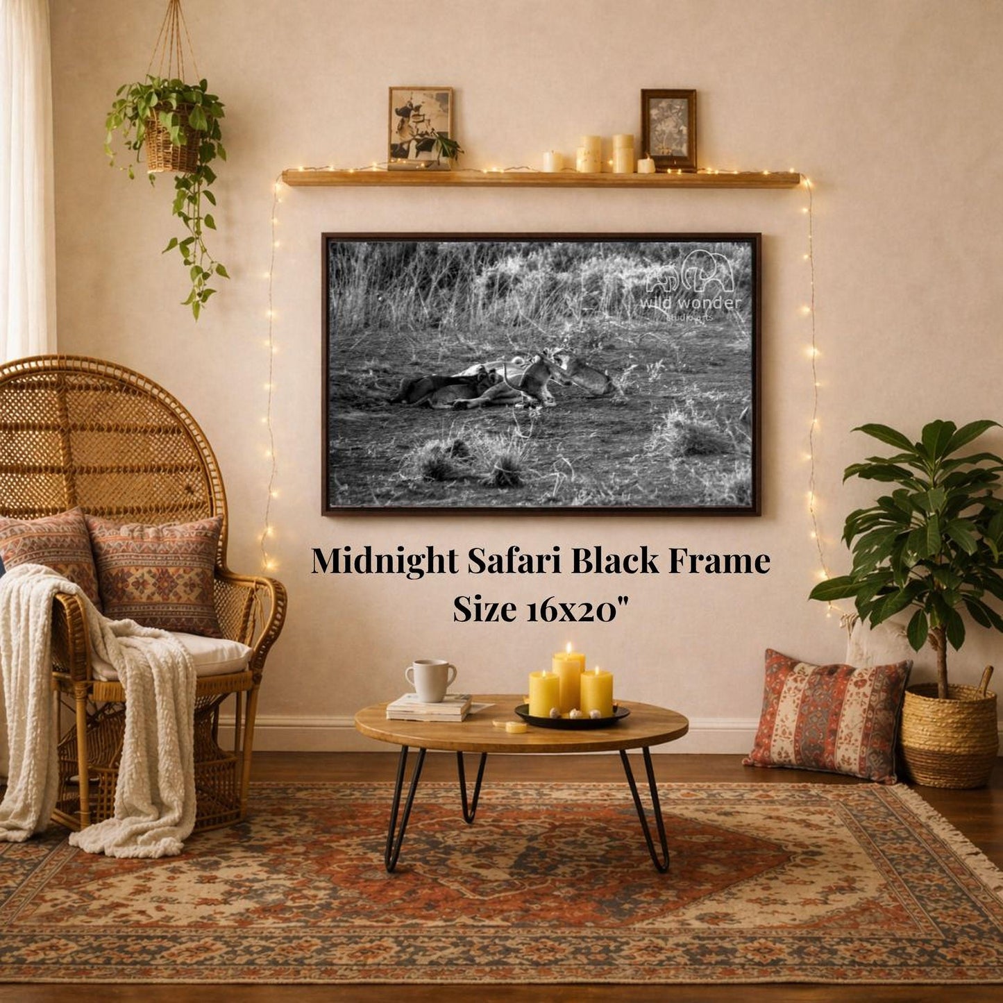 a living room with a large black and white photograph of a lioness in the wild hanging on the wall. The photograph is framed in a 16x20" size. The room is decorated with a wicker chair, a coffee table, and a potted plant. The overall setting appears to be a cozy and comfortable living space.