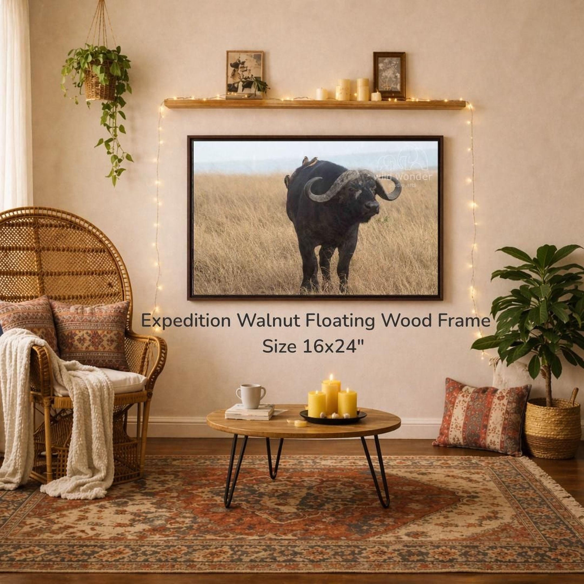 a large, 16x24" walnut floating wood frame hanging on a wall, with a framed photograph of a buffalo in the background. The room has a cozy, rustic atmosphere with a wicker chair, a coffee table, and various decorative elements such as plants and candles.