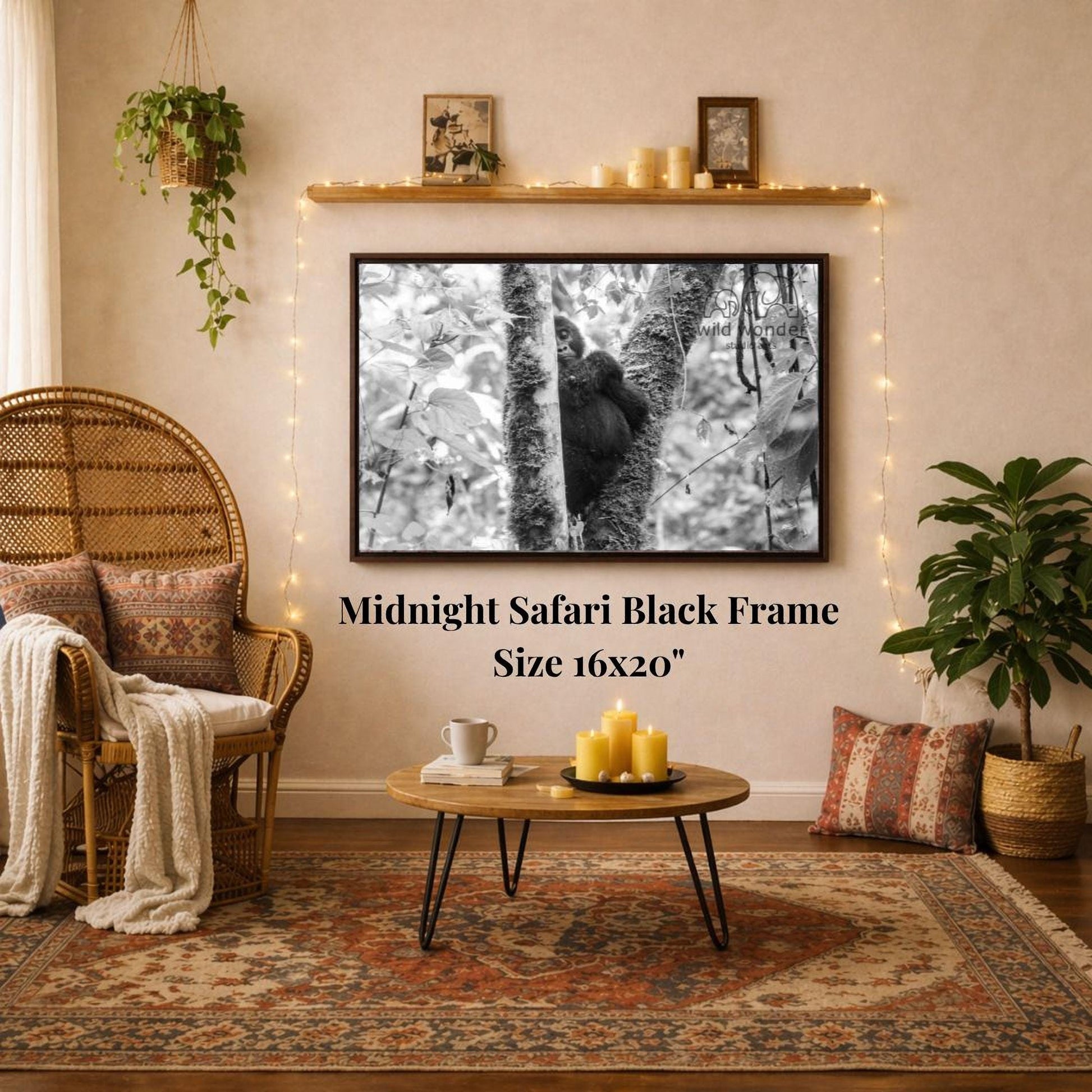 a living room with a large black and white framed photograph of a tree hanging on the wall, a wicker chair, a coffee table, and a potted plant.