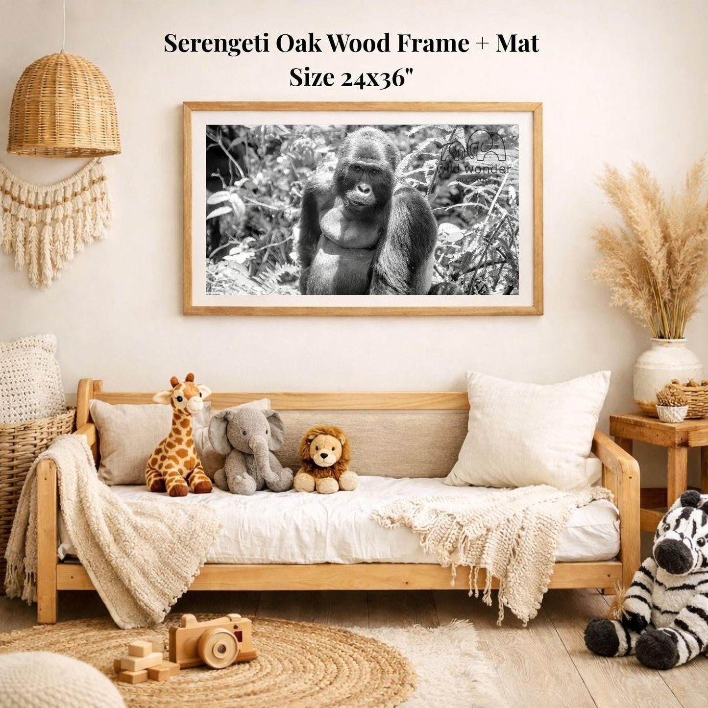 a serene indoor setting with a wooden frame and mat hanging on the wall, a comfortable sofa with stuffed animals, and a woven basket nearby.