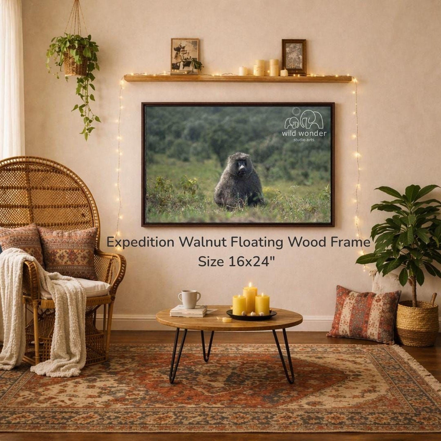 a living room with a large 16x24" walnut floating wood frame hanging on the wall, a coffee table in front of it, and a wicker chair. The room is decorated with plants, candles, and a rug, creating a cozy and inviting atmosphere.
