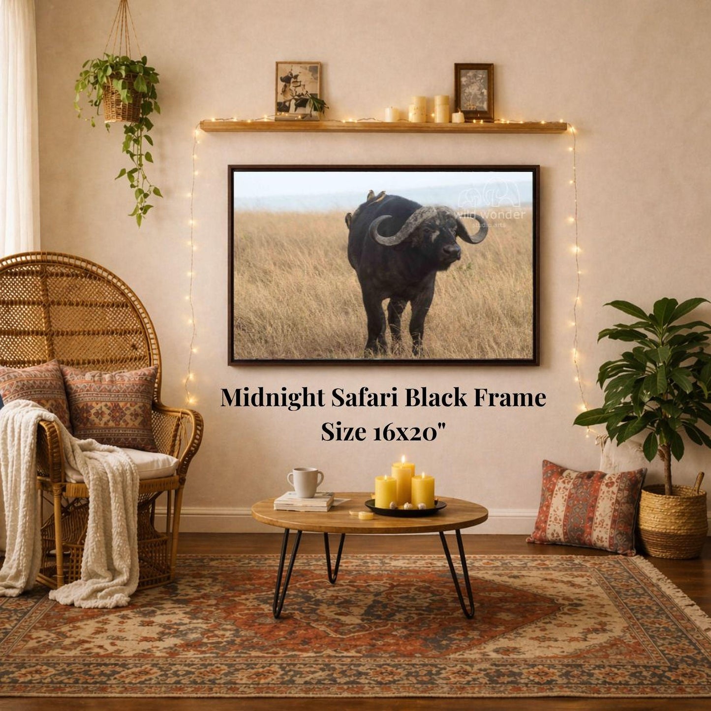 a living room with a large framed photograph of a black ox or buffalo in a grassy field hanging on the wall. The photograph is framed in a black frame and is 16x20 inches in size. The room is decorated with a wicker chair, a coffee table, and a potted plant. The overall setting appears to be a cozy and comfortable living space.