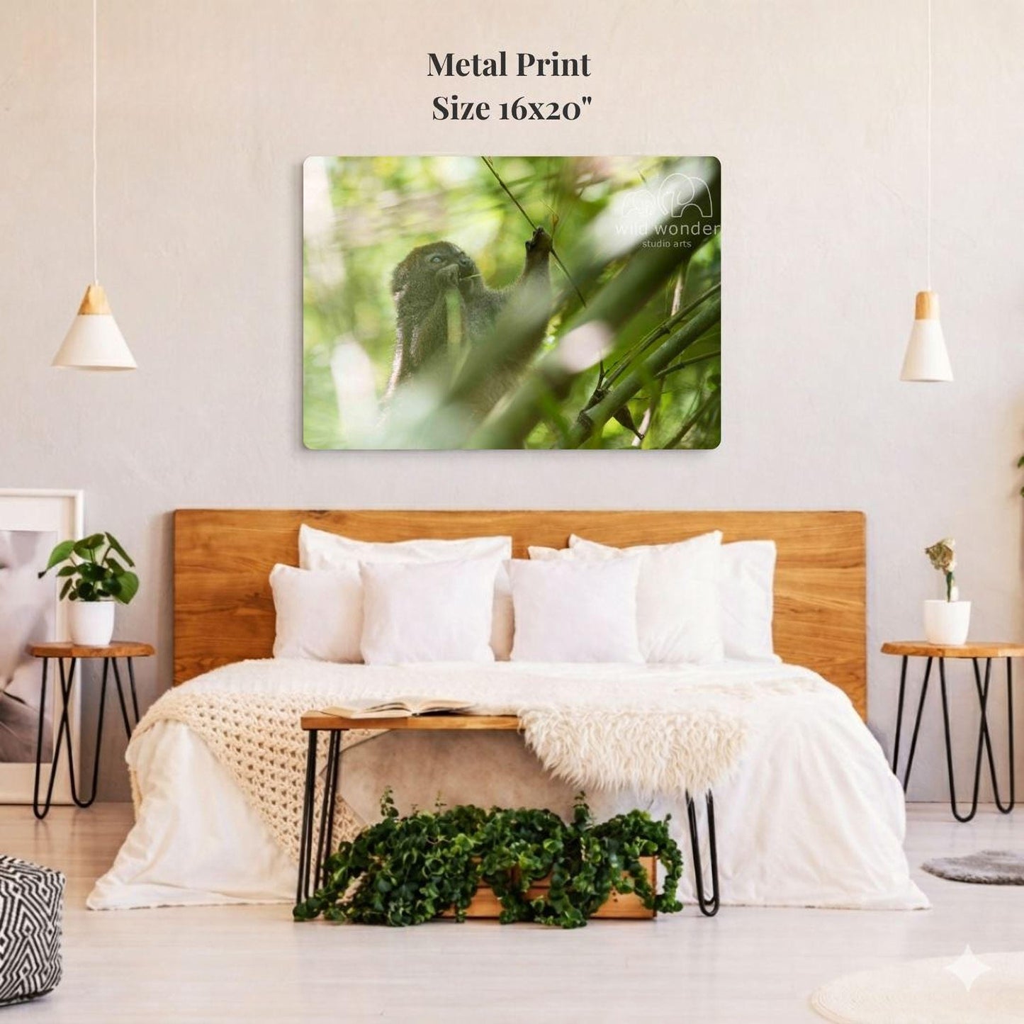a bedroom with a large metal print of a bird perched on a branch hanging on the wall above a bed with white bedding.