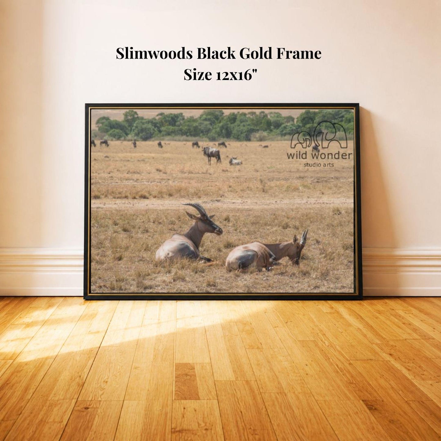 A framed photograph of a group of antelopes resting in a grassy field, with a black frame and a gold border.