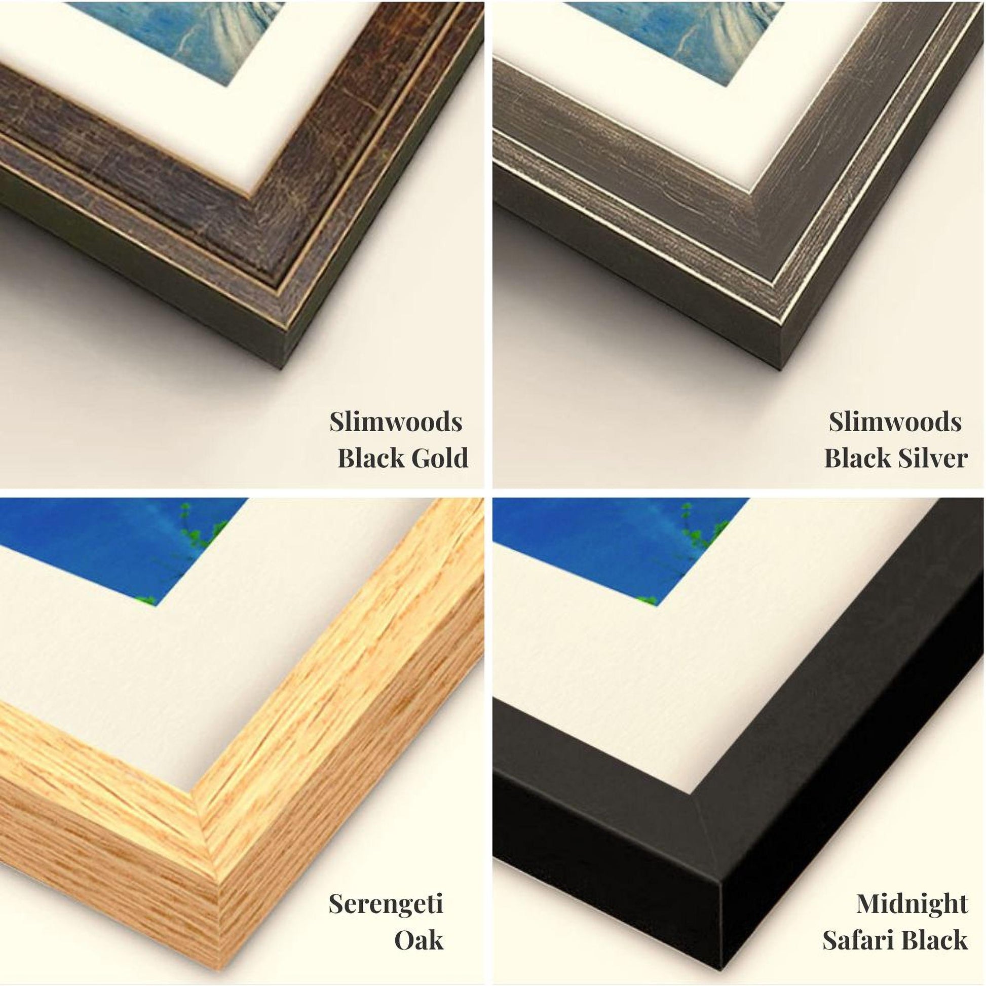four different framed artworks, each with a distinct color and finish. The artworks are labeled as "Slimwoods Black Gold", "Slimwoods Black Silver", "Serengeti Oak", and "Midnight Safari Black".