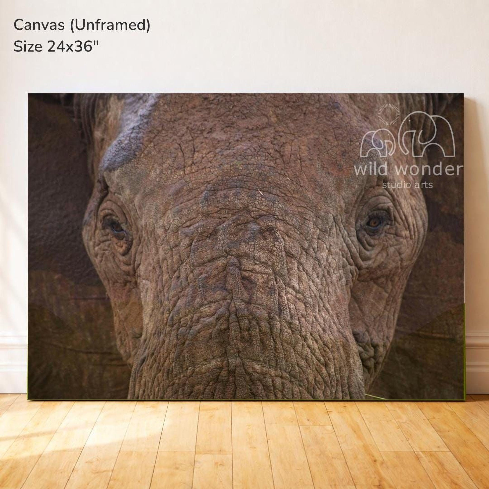 The image is a large canvas print featuring a close-up of an elephant's face, with the text "Canvas (Unframed) Size 24x36" and "wild wonder studio arts" printed on it.