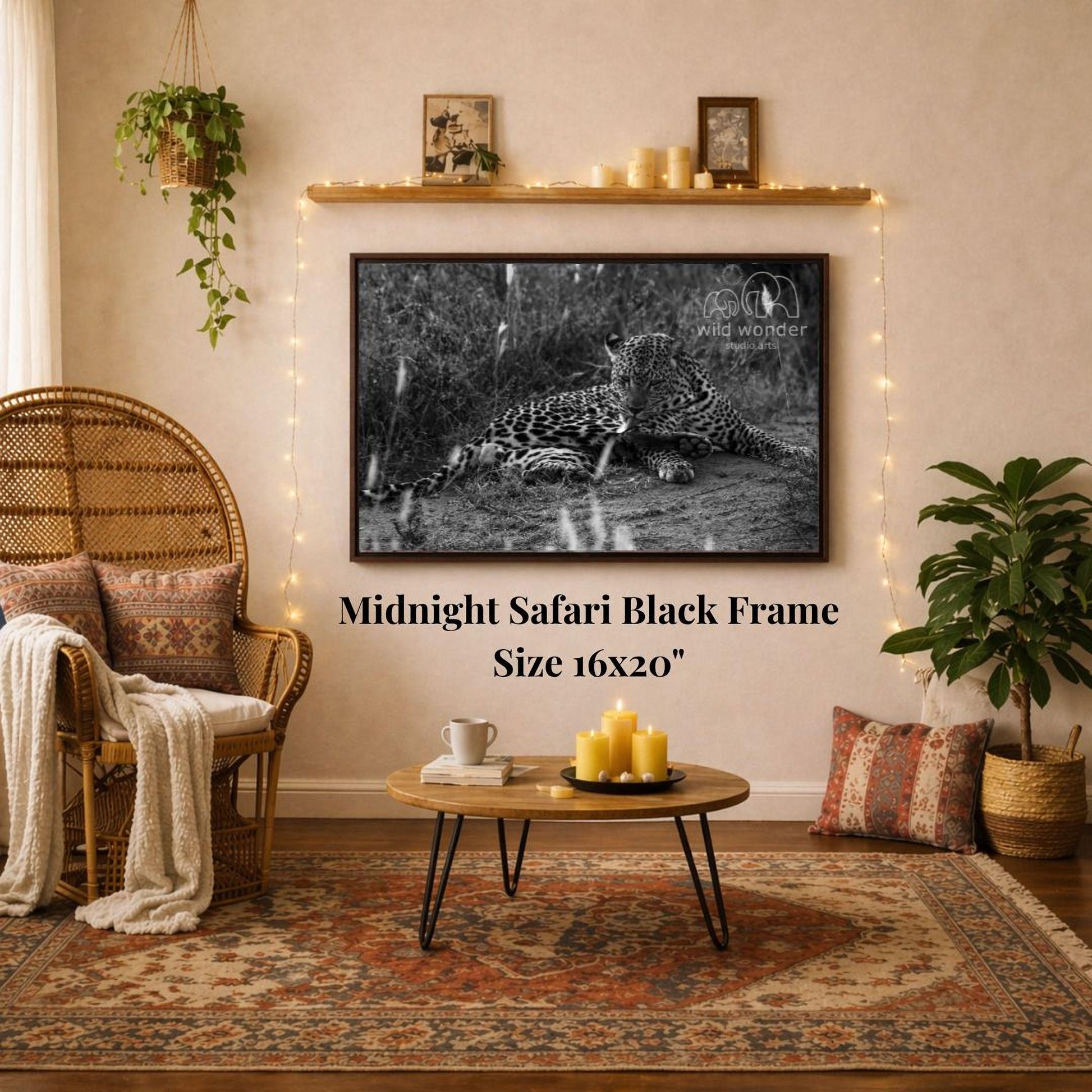 a living room with a large black and white photograph of a leopard resting on the wall, surrounded by various decorative elements such as plants, candles, and a woven chair.