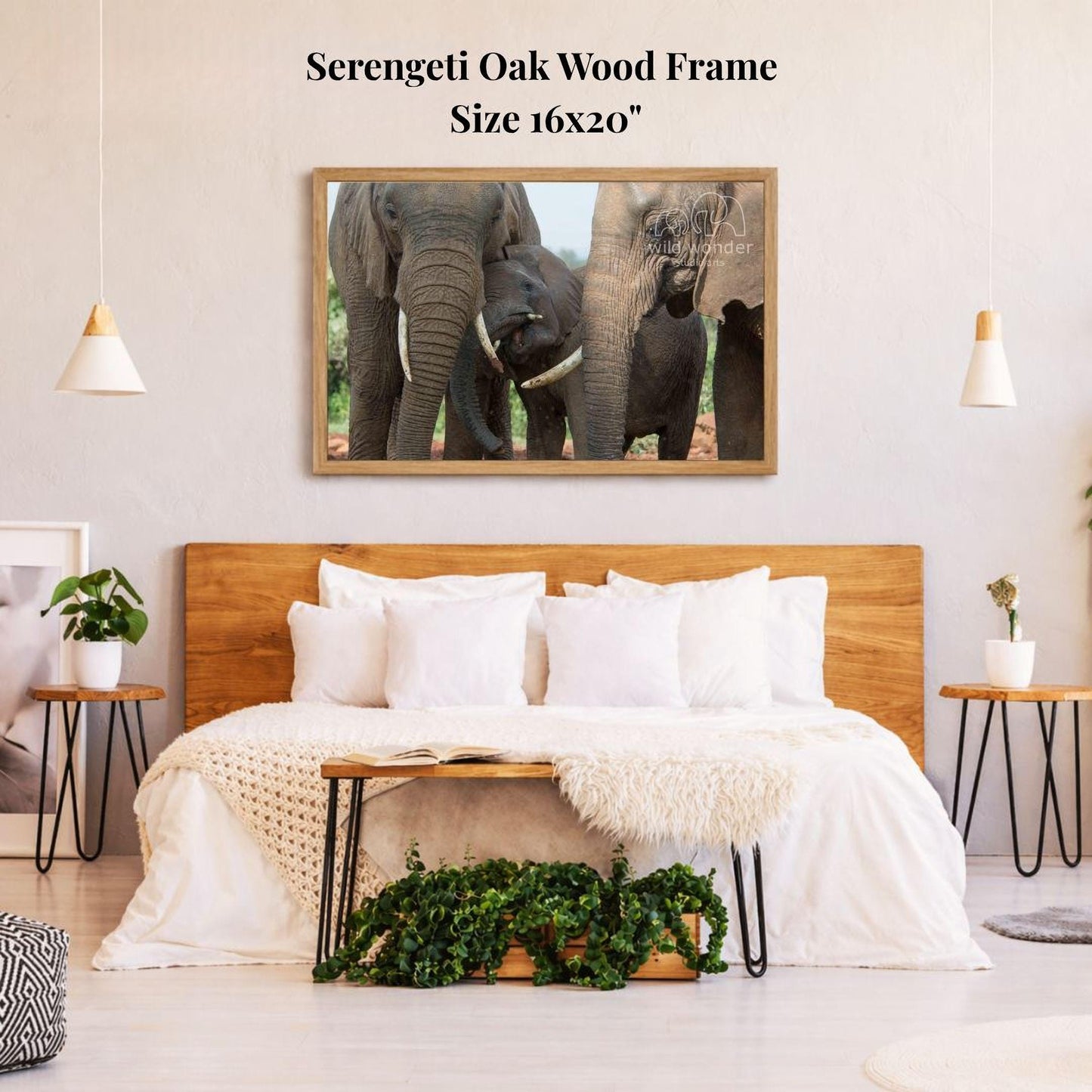 a serene bedroom scene with a large framed photograph of three elephants on the wall above a bed with white bedding.