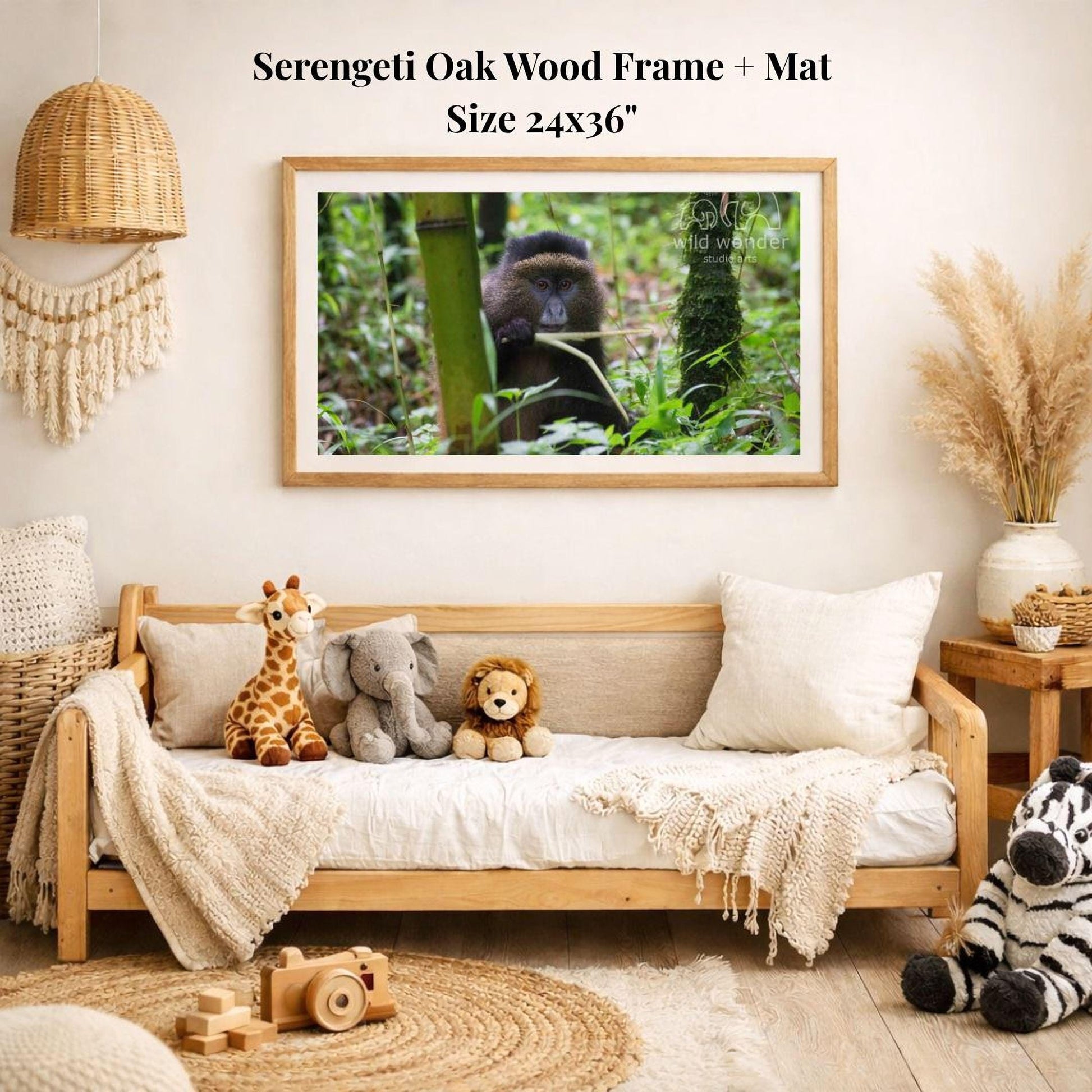 a serene indoor setting with a wooden frame and mat hanging on a wall, displaying a photograph of a monkey in a forest. The room is decorated with various stuffed animals, including a giraffe, elephant, lion, and zebra, arranged on a couch and a rug. The overall scene conveys a sense of warmth and comfort, with the natural elements of the forest and the playful presence of the stuffed animals.