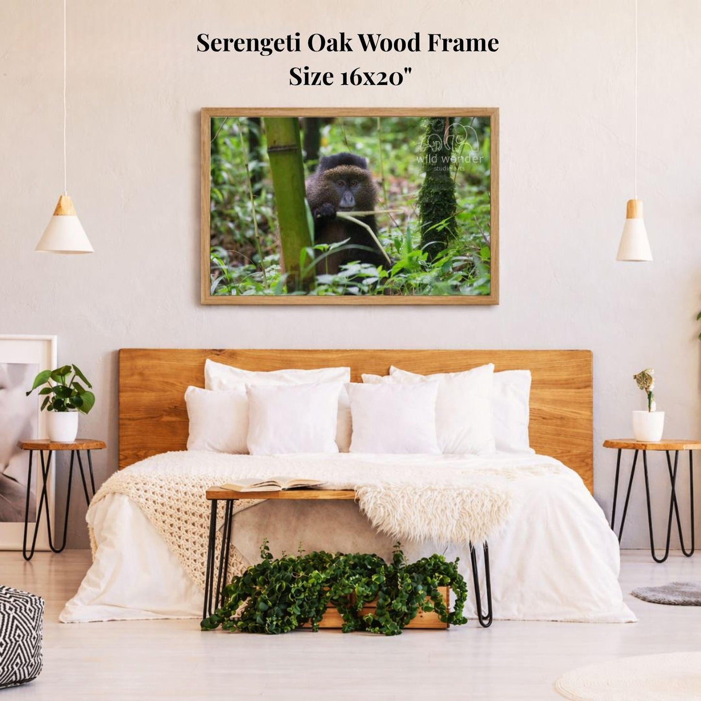 a serene bedroom scene with a large framed picture of a gorilla hanging on the wall above a bed with white bedding.