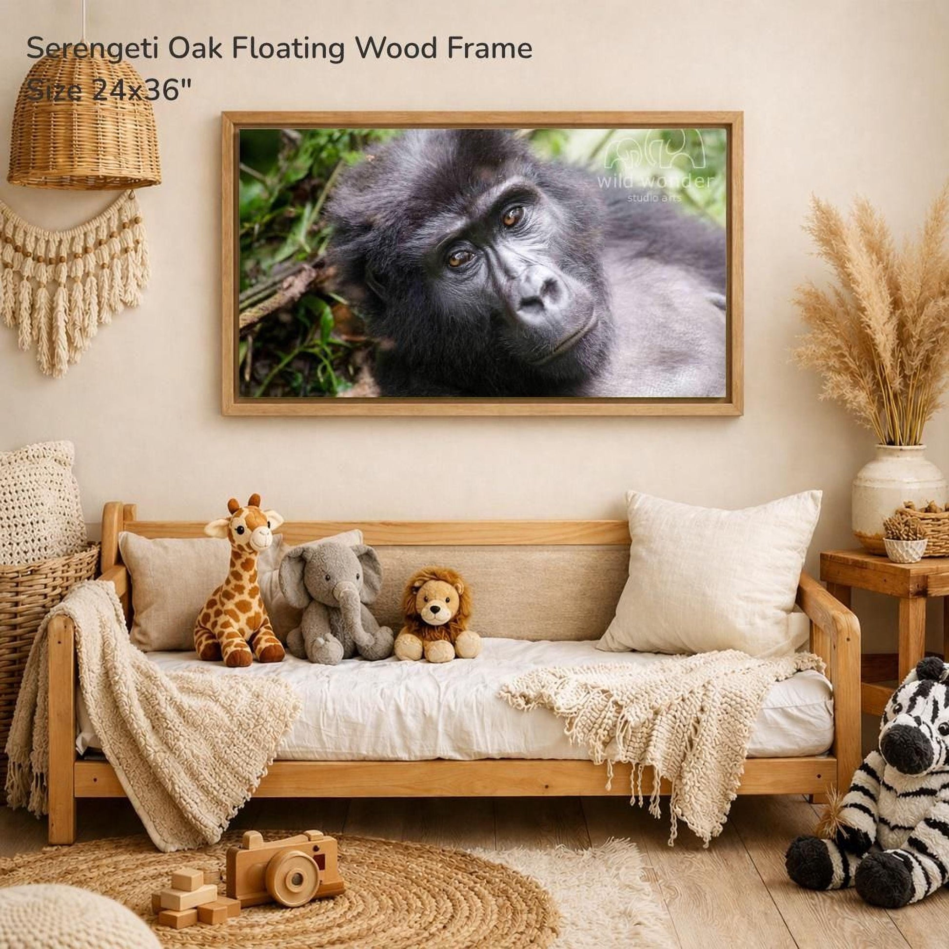 a serene indoor setting with a wooden frame hanging on a wall, displaying a close-up of a gorilla. The frame is surrounded by various stuffed animals, including a giraffe, an elephant, and a lion, creating a cozy and playful atmosphere.