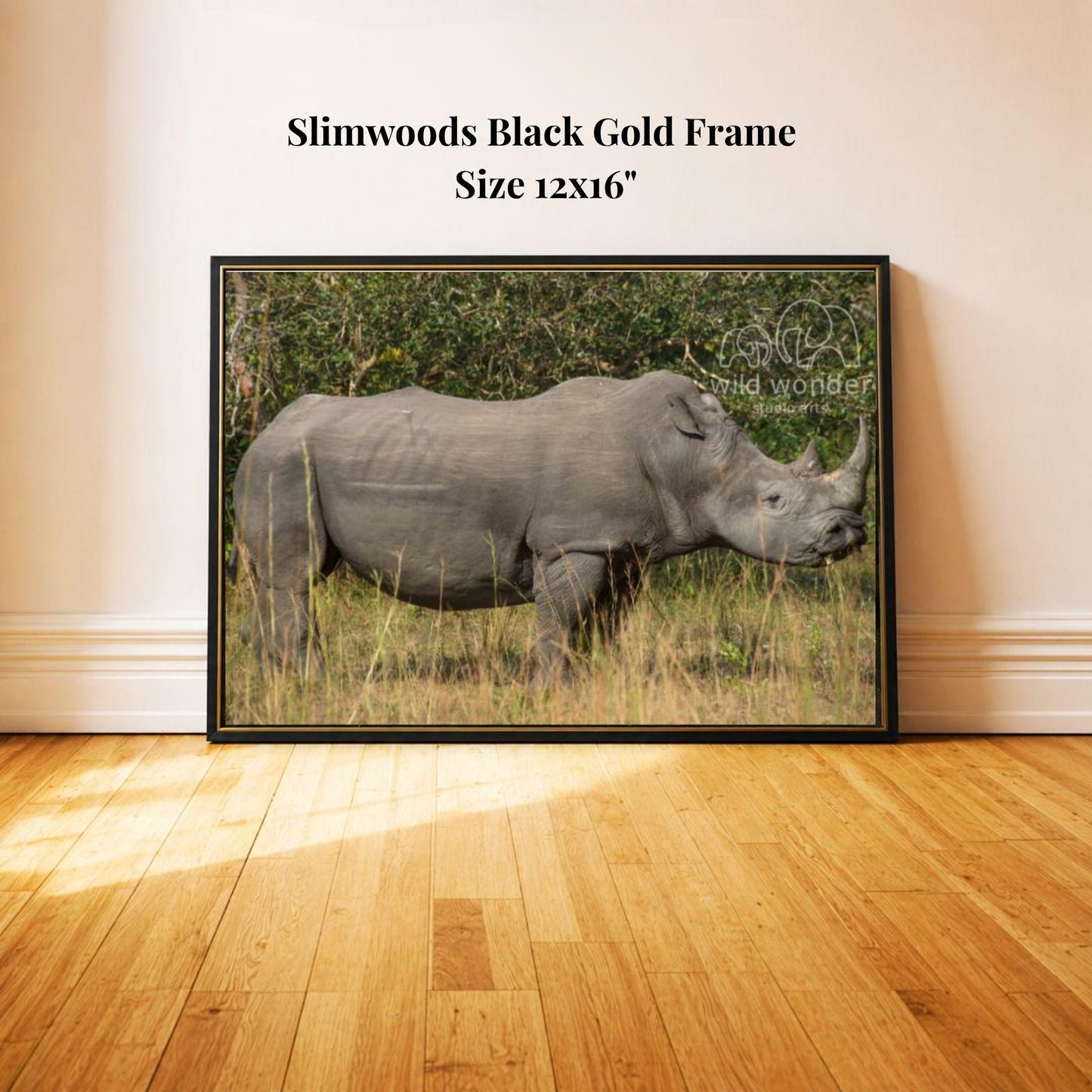 A black and gold framed photograph of a rhinoceros standing in a grassy field.