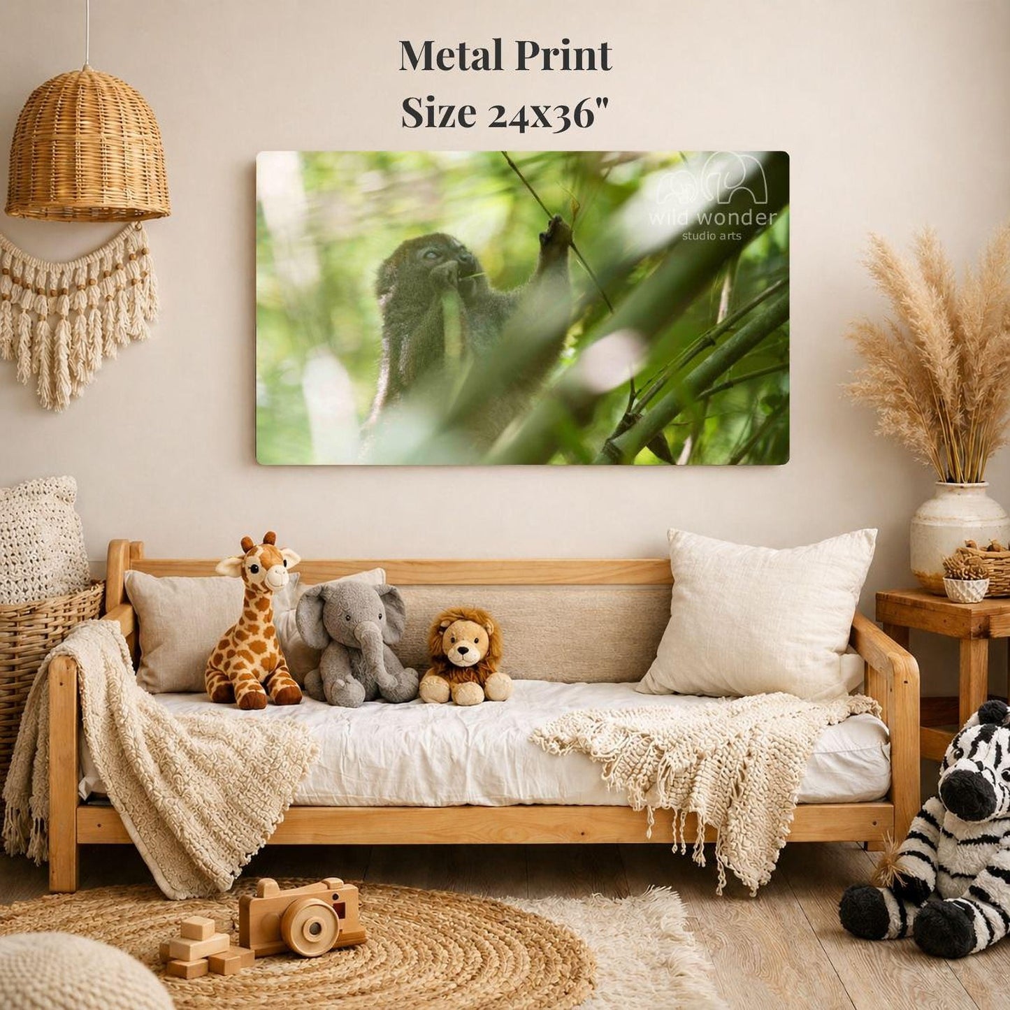 a cozy living room with a large metal print of a jungle scene hanging on the wall, surrounded by various stuffed animals and a woven basket.