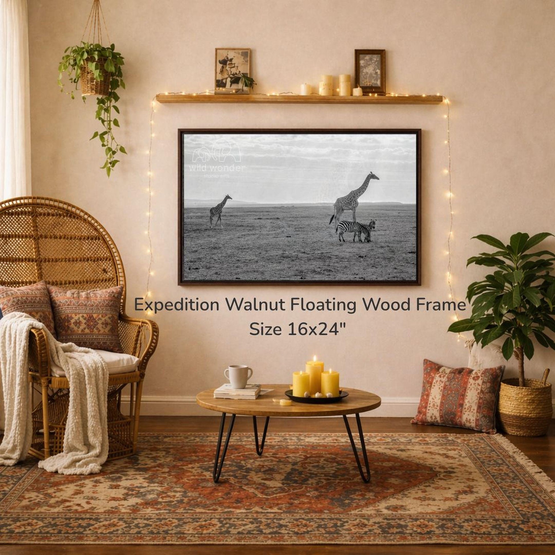 a large black and white photograph of two giraffes in a field, hanging on a wall above a coffee table. The photograph is framed in a walnut floating wood frame and is 16x24 inches in size. The room has a cozy and inviting atmosphere, with a wicker chair, a coffee table, and various decorative elements such as plants and candles.