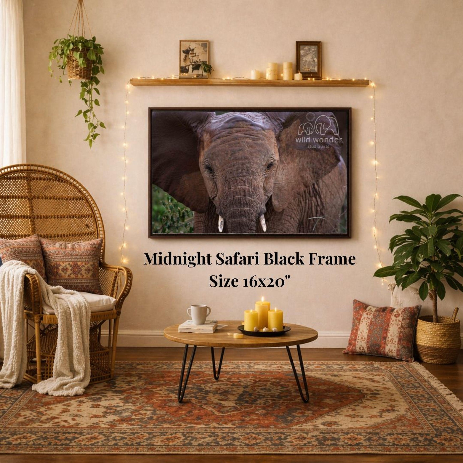 a living room with a large framed photograph of an elephant on the wall, a wicker chair, a coffee table, and a potted plant.