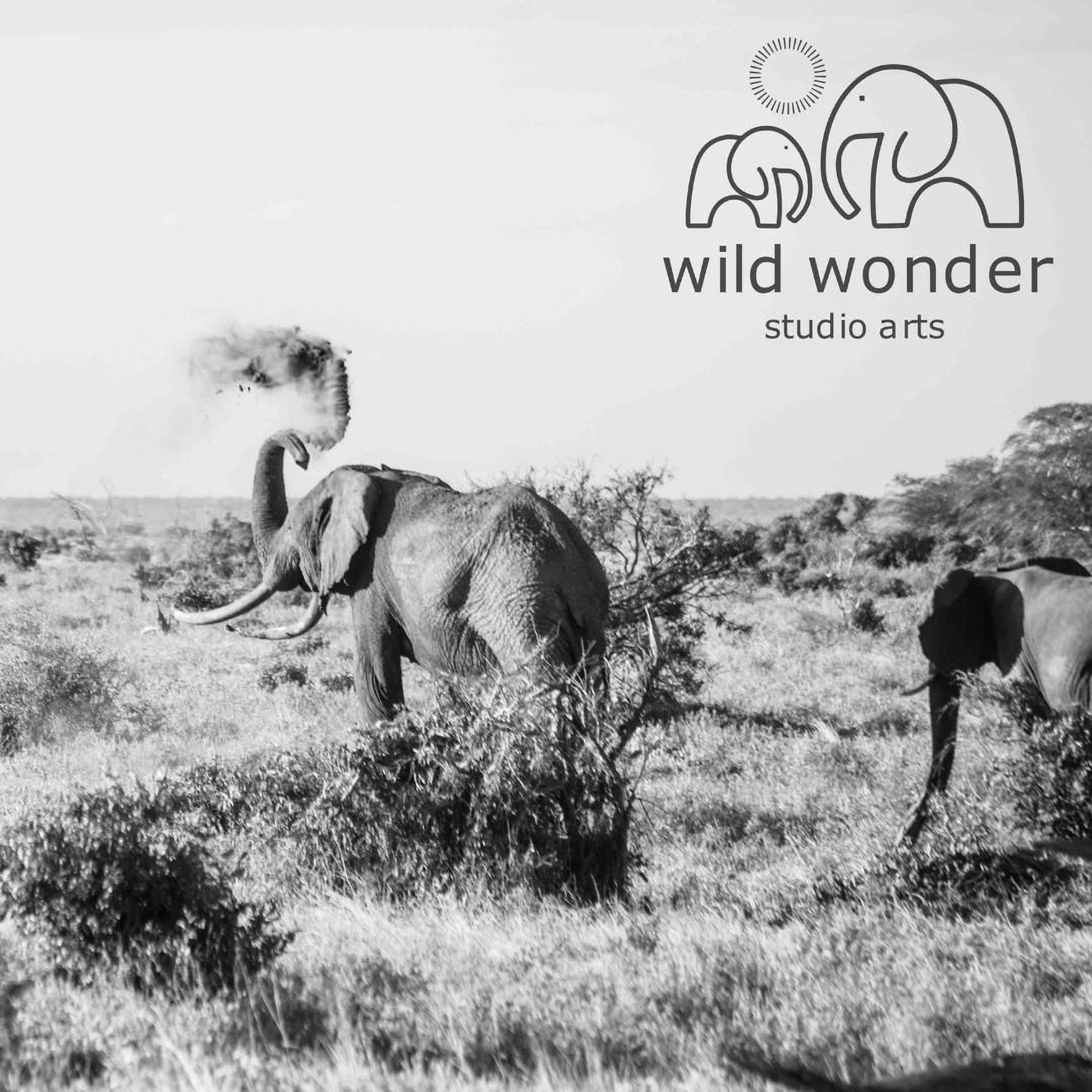 A black and white image of two elephants in a grassy field, with a logo for "wild wonder studio arts" in the background.
