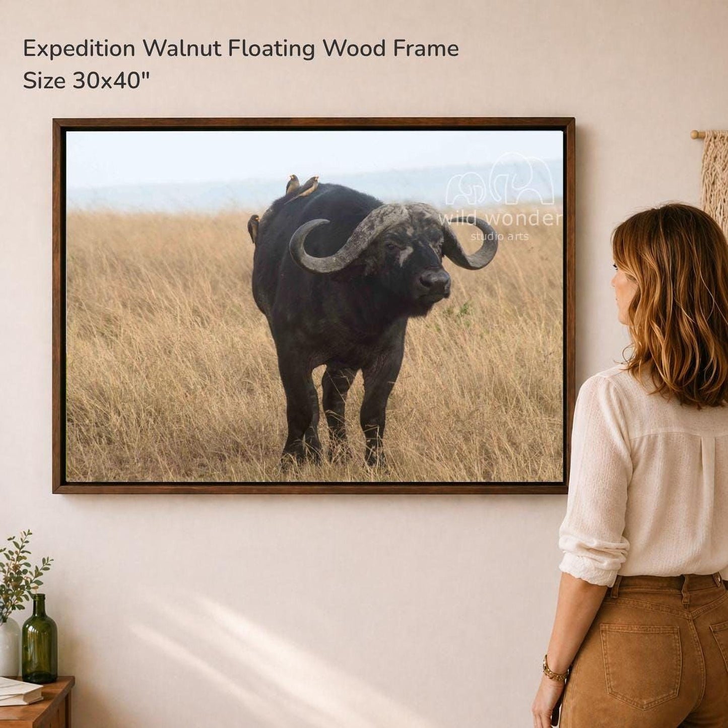 A woman is standing in front of a large framed photograph of a black ox with large curved horns in a field of tall grass.