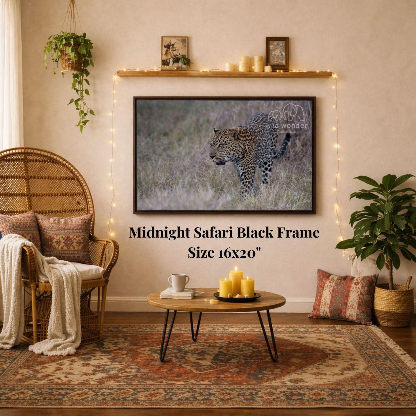 a living room with a large framed photograph of a leopard on the wall, a wicker chair, a coffee table, and a potted plant.