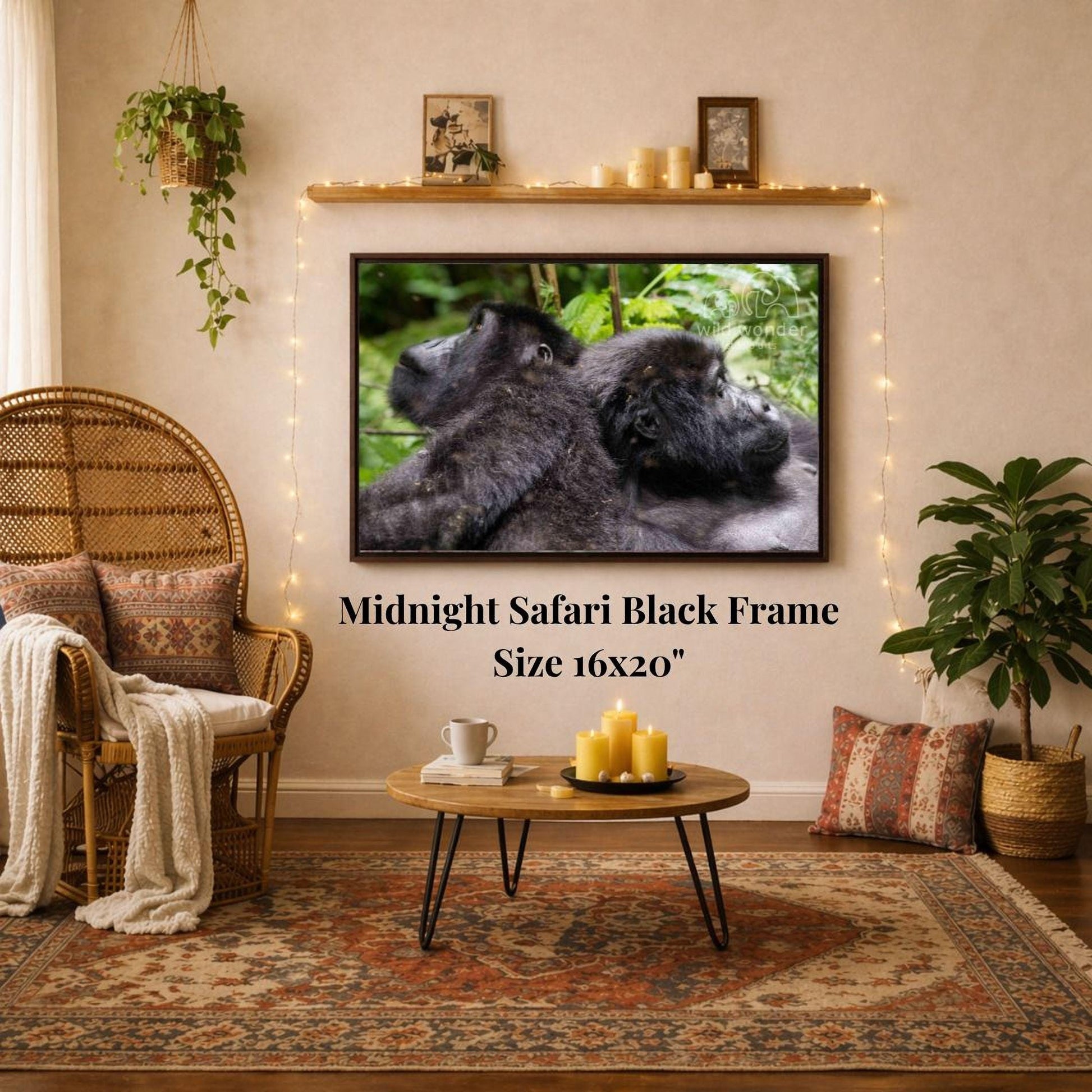 a living room with a large framed photograph of two black gorillas hanging on the wall. The photograph is framed in a 16x20" size. The room is decorated with a wicker chair, a coffee table, and a potted plant. The overall setting appears to be a cozy and comfortable living space.