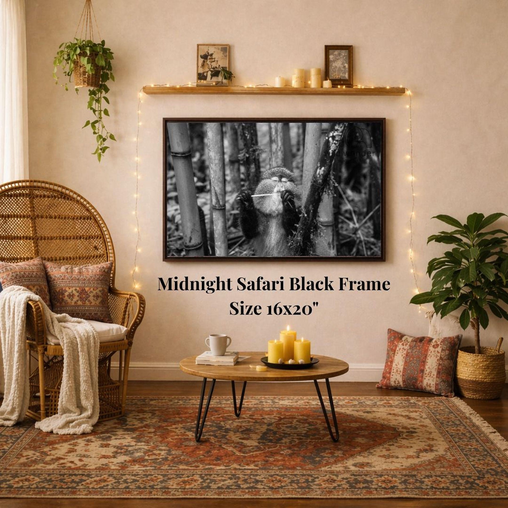 a cozy living room with a large black and white framed photograph of a safari scene hanging on the wall. The room is decorated with a wicker chair, a coffee table, and various plants, creating a warm and inviting atmosphere.