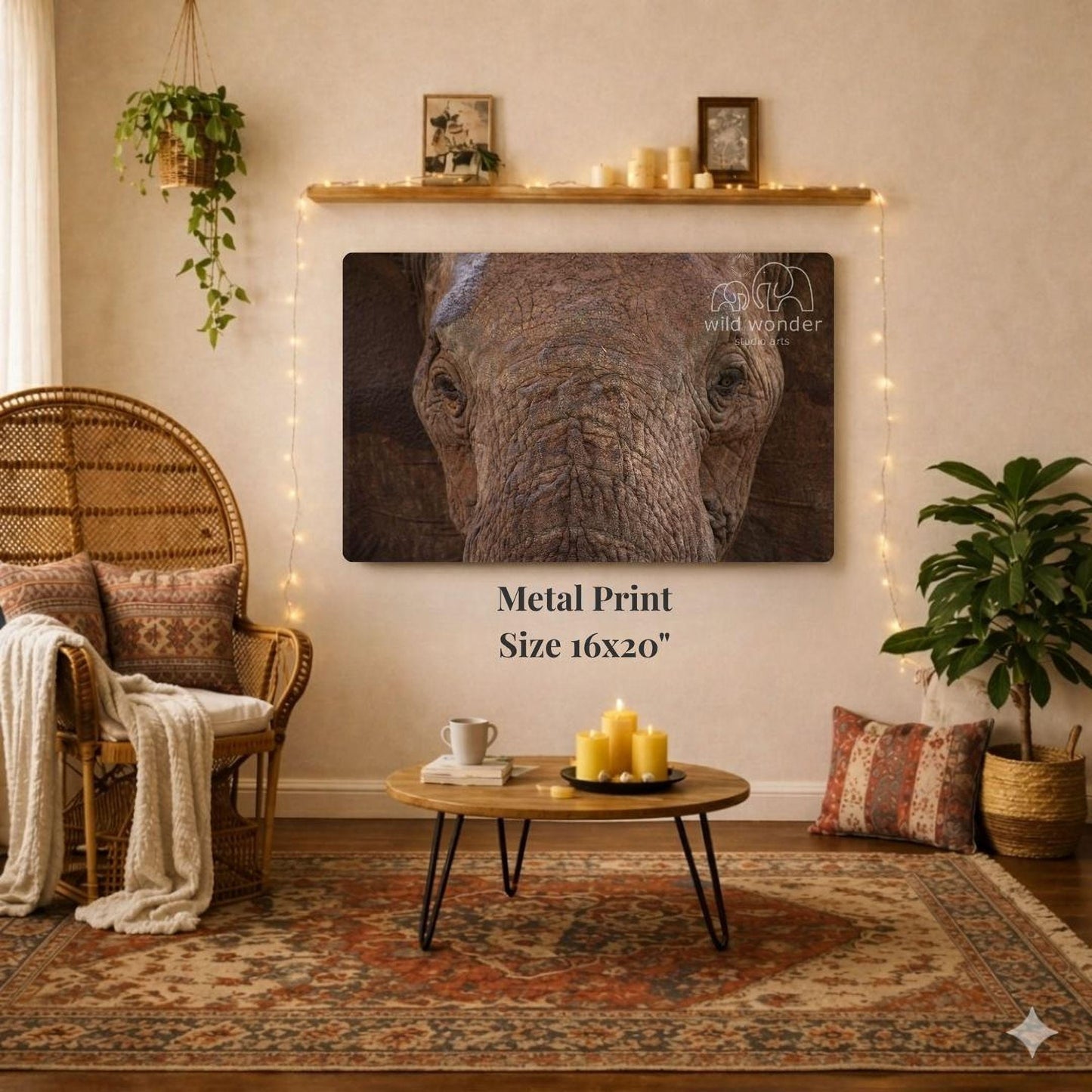 a large metal print of a close-up of an elephant's face, hanging on a wall in a cozy living room setting.