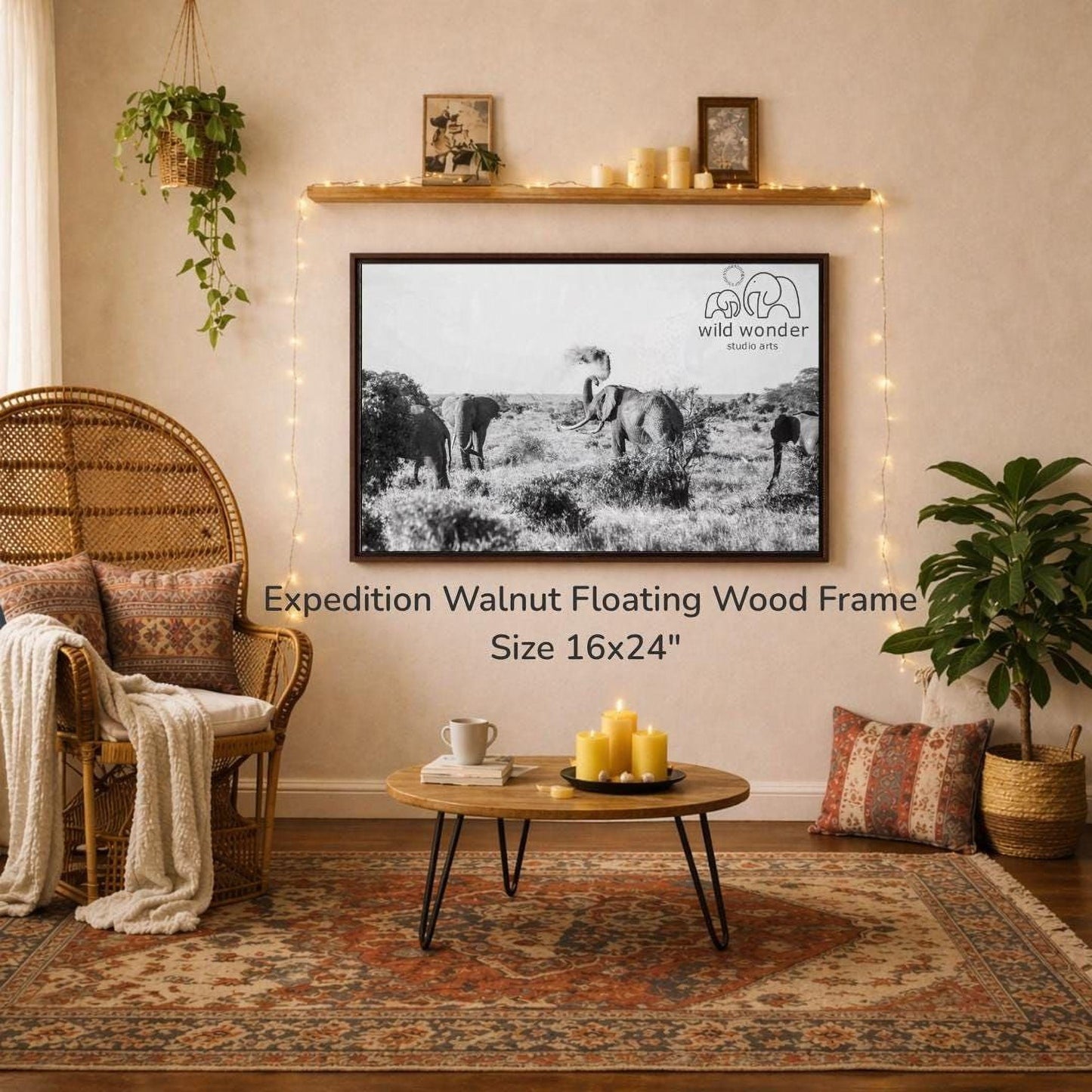 a living room with a large black and white photograph of elephants hanging on the wall, a wicker chair, a coffee table with candles, and a woven basket.