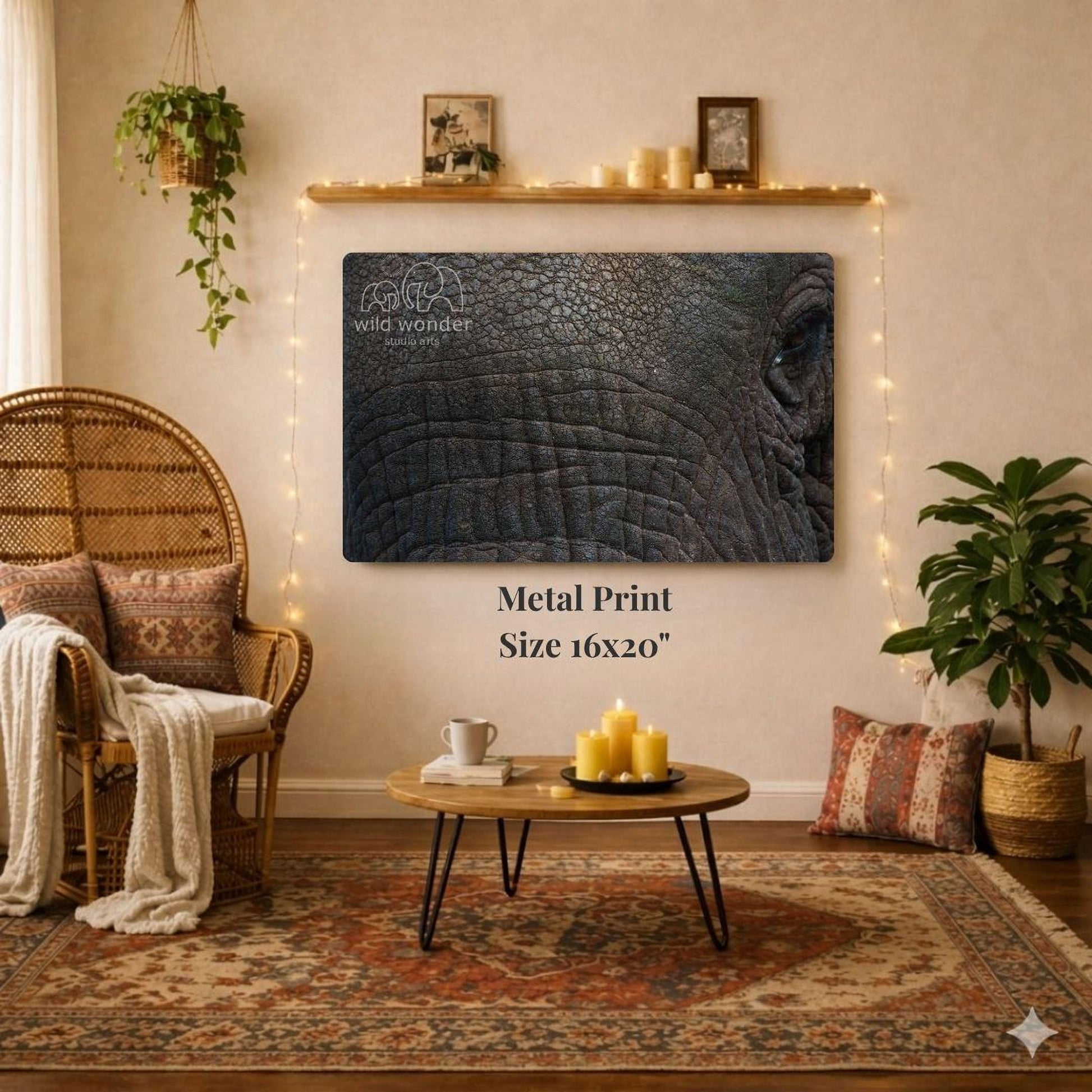 a large metal print of an elephant's face on a wall, with a cozy living room setting in the background.