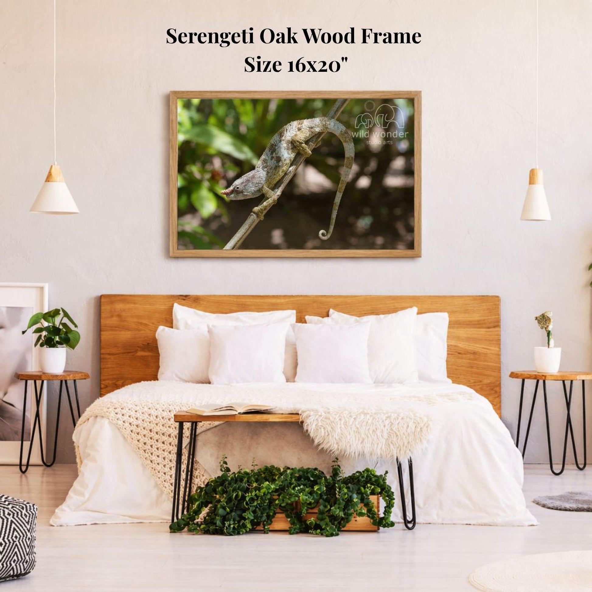 a serene bedroom setting with a large, 16x20" framed photograph of a chameleon perched on a branch hanging above a bed with white bedding. The room has a wooden headboard, a nightstand on each side of the bed, and a potted plant on the floor. The overall atmosphere is calm and inviting, with the chameleon as the focal point of the room.