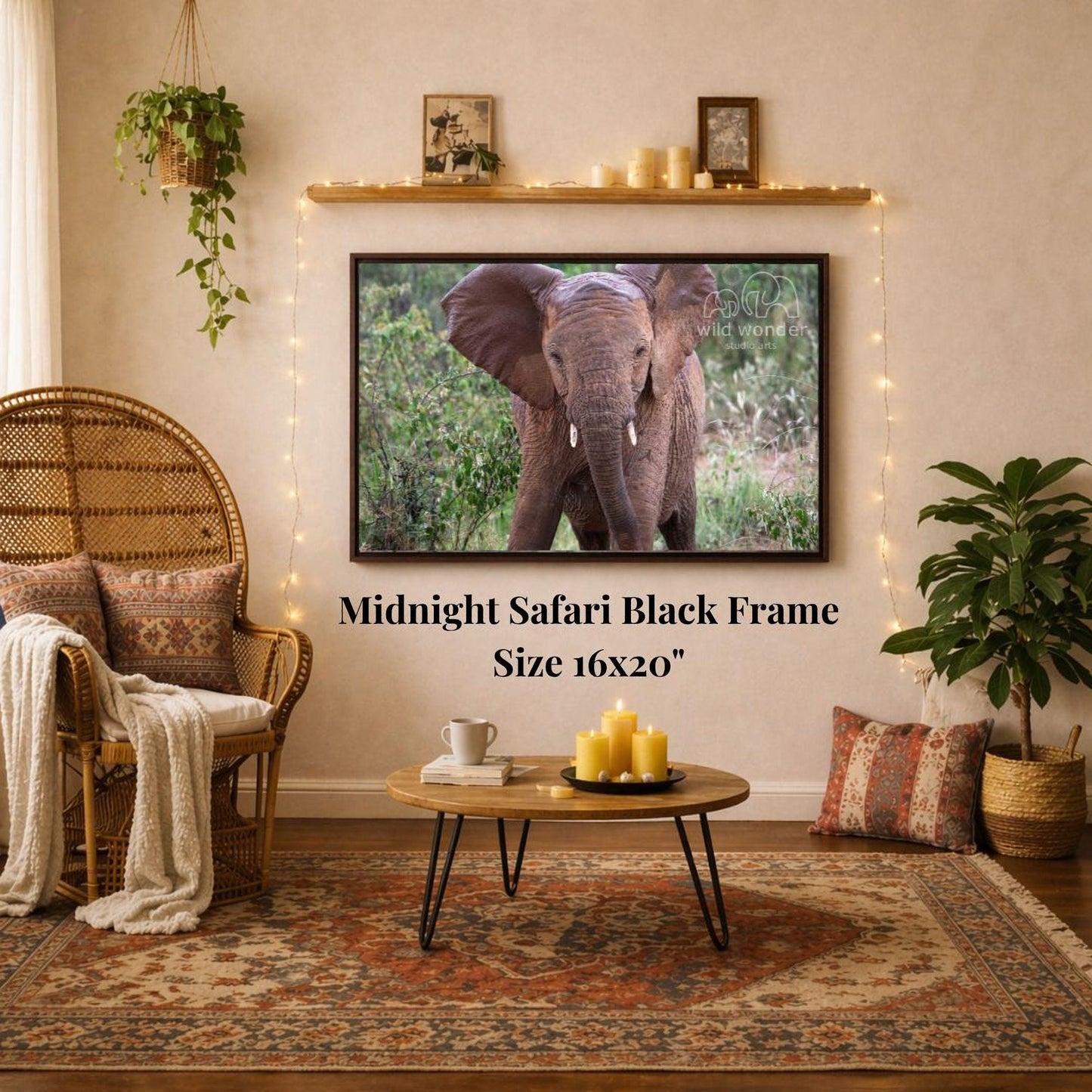 a living room with a large framed photograph of a baby elephant on the wall, a wicker chair, a coffee table, and a potted plant.