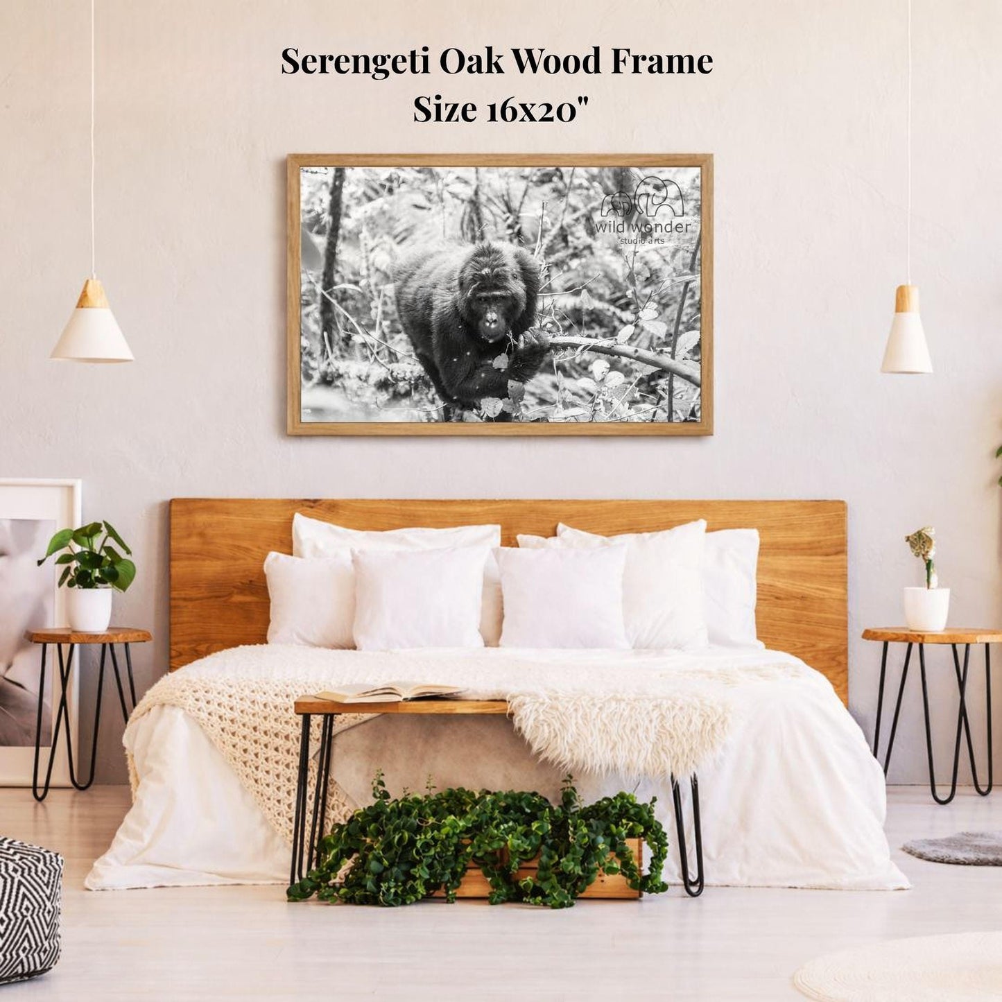 a serene bedroom setting with a large bed, a wooden headboard, and a framed photograph of a gorilla on the wall.