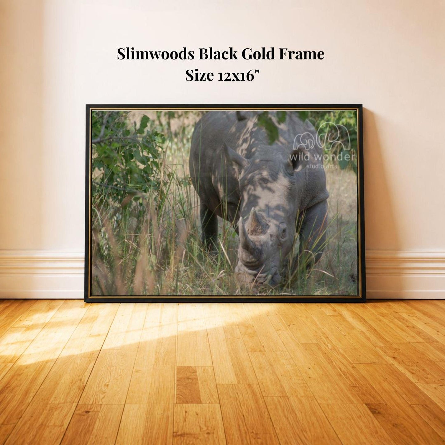 A black gold frame containing a photograph of a rhinoceros in a grassy field.