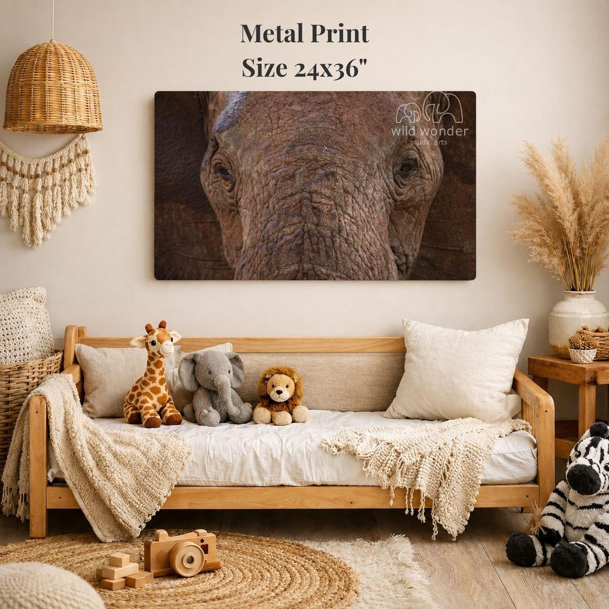 a cozy living room with a large metal print of an elephant on the wall, surrounded by various stuffed animals and a woven basket.
