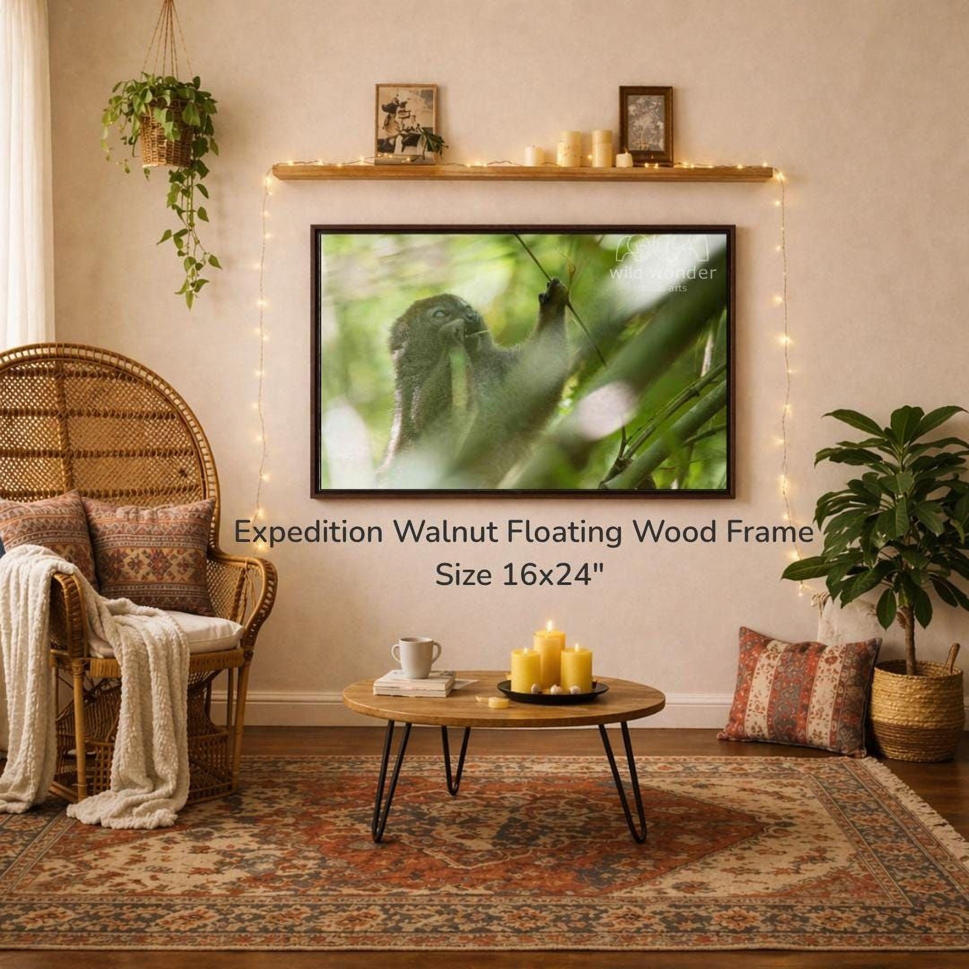 a cozy living room with a large 16x24" walnut floating wood frame hanging on the wall, a wicker chair, a coffee table with candles, and a potted plant.
