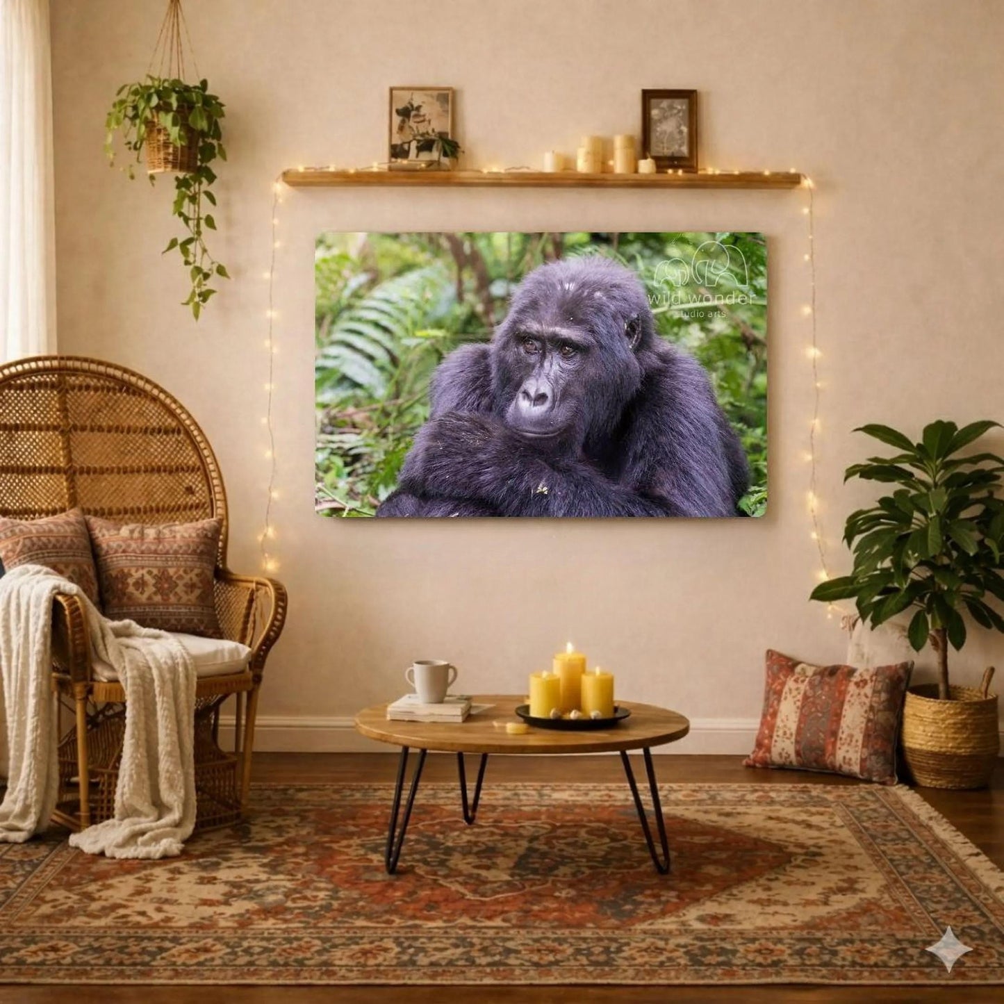 a large metal print of a gorilla on a wall, with a cozy living room setting in the background.