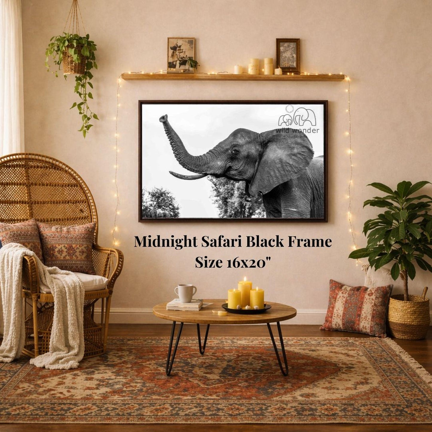 a living room with a large black and white photograph of an elephant on the wall, a wicker chair, a coffee table, and a potted plant.