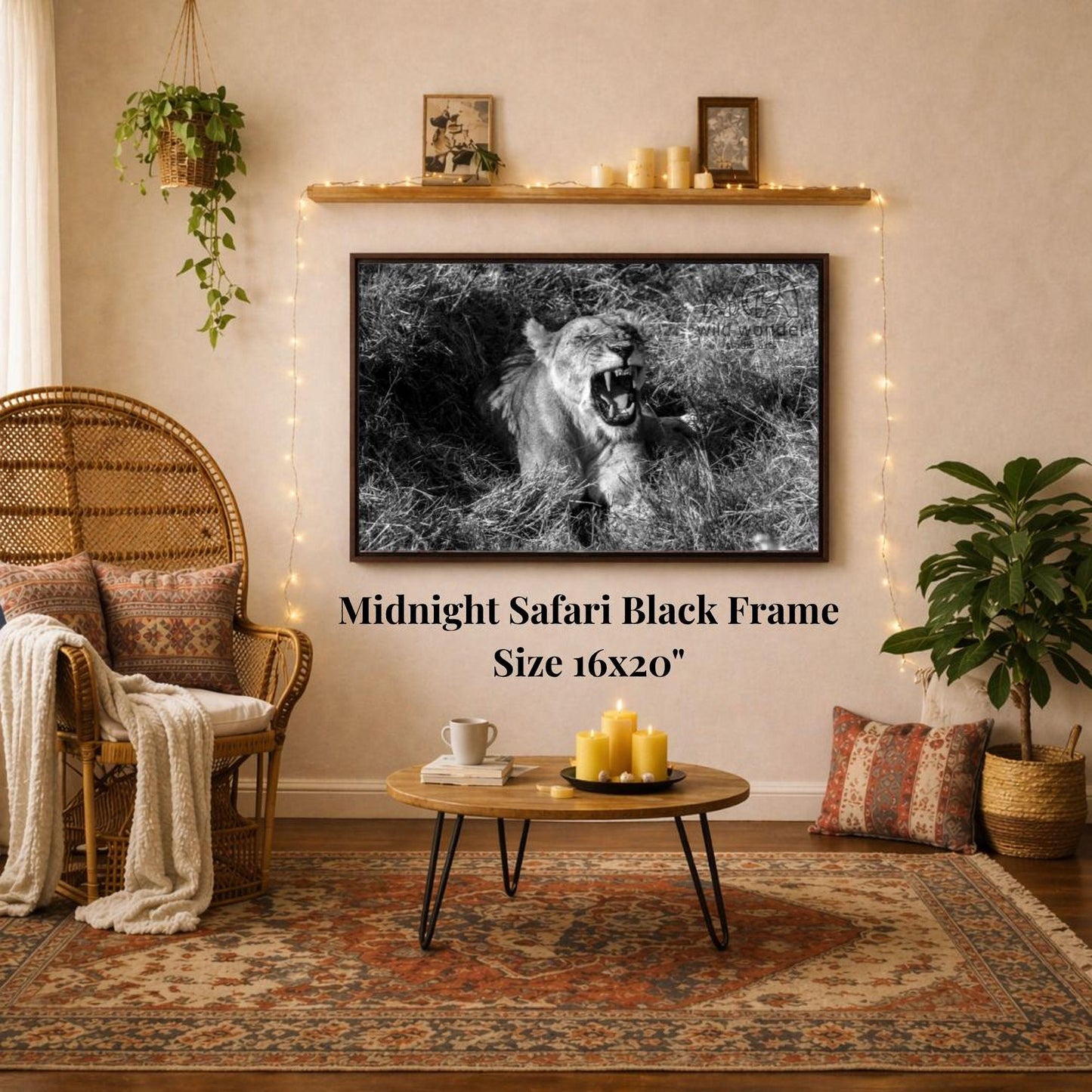 a living room with a large black and white photograph of a lion on the wall, a wicker chair, a coffee table, and a potted plant.