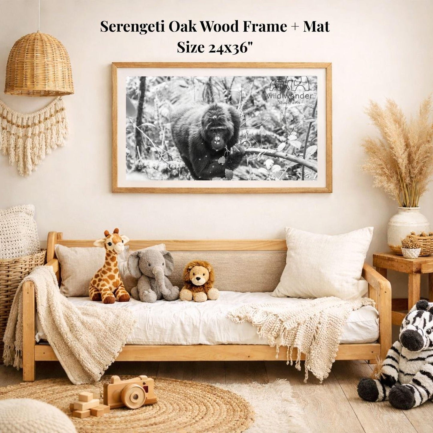 a cozy living room with a wooden sofa, a framed photograph of a gorilla, and various stuffed animals, including a giraffe, an elephant, and a lion. The room has a rustic and natural aesthetic, with a woven basket hanging on the wall and a woven rug on the floor.
