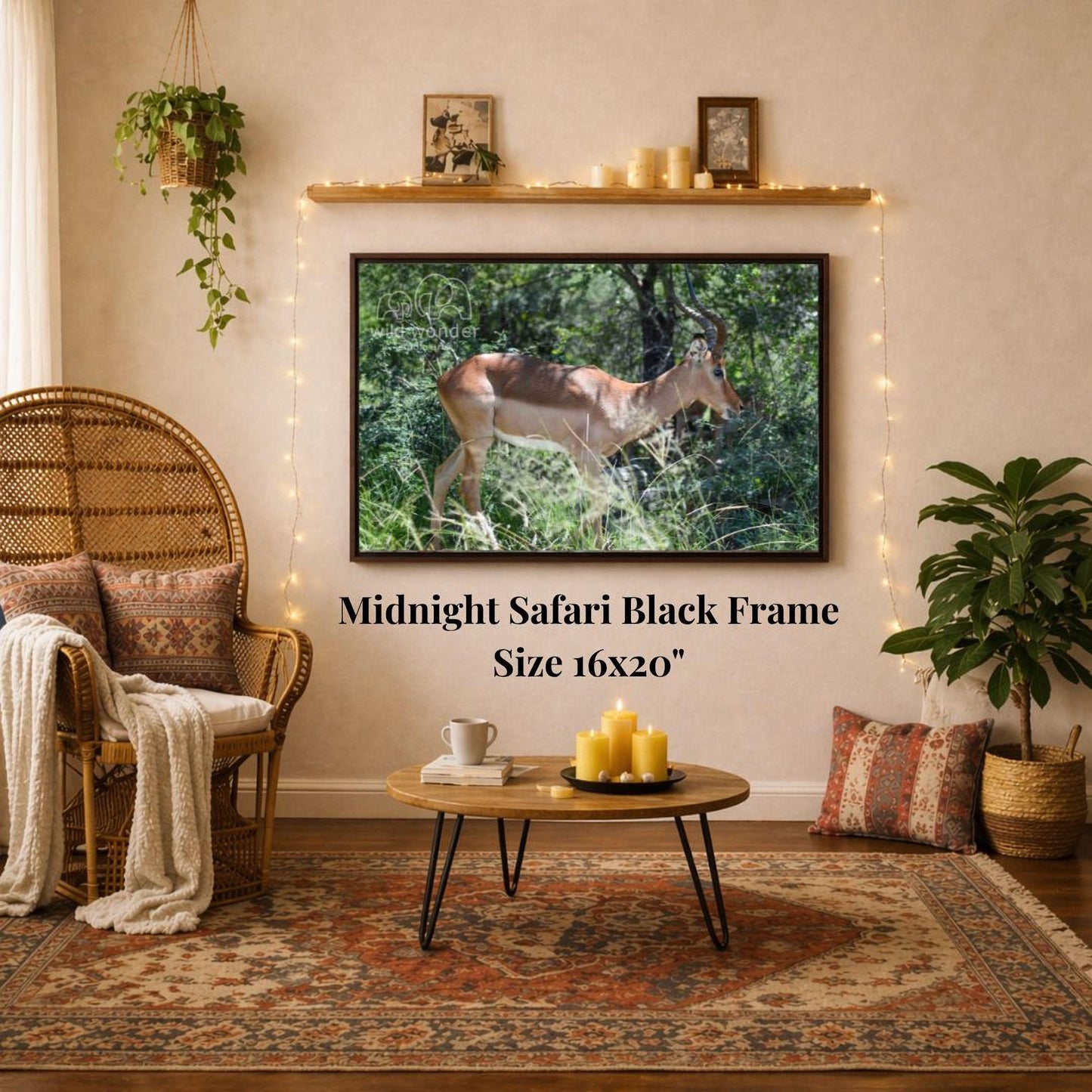 a living room with a large framed photograph of a giraffe hanging on the wall. The photograph is mounted on a wooden frame, and the frame is described as a "Midnight Safari Black Frame" and is 16x20 inches in size. The room is decorated with various items, including a wicker chair, a coffee table, and a potted plant.