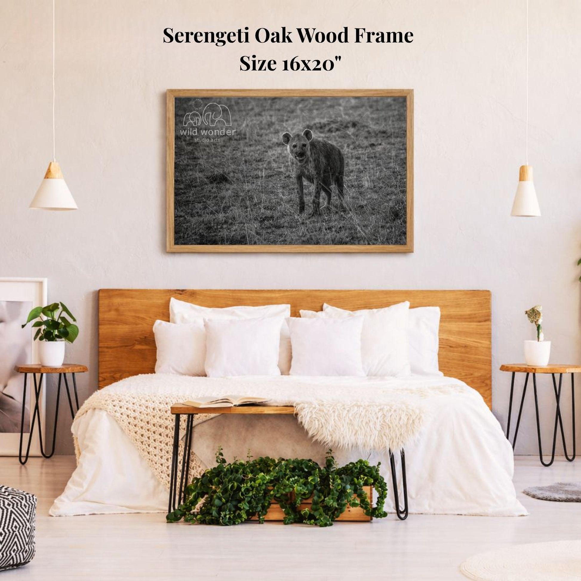 a serene bedroom setting with a large bed, a wooden headboard, and a framed photograph of a hyena in the background. The photograph is mounted on the wall above the bed, creating a focal point in the room.