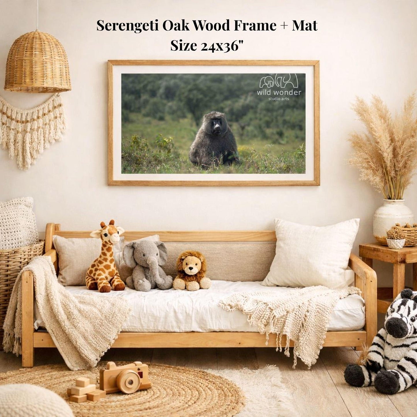 a serene indoor setting with a wooden frame and mat hanging on the wall, displaying a photograph of a monkey in a natural environment. The room is decorated with various stuffed animals, including a giraffe, elephant, lion, and zebra, arranged on a couch and a rug. The overall scene conveys a sense of warmth and comfort, with the wooden frame and mat adding a touch of rustic charm to the space.
