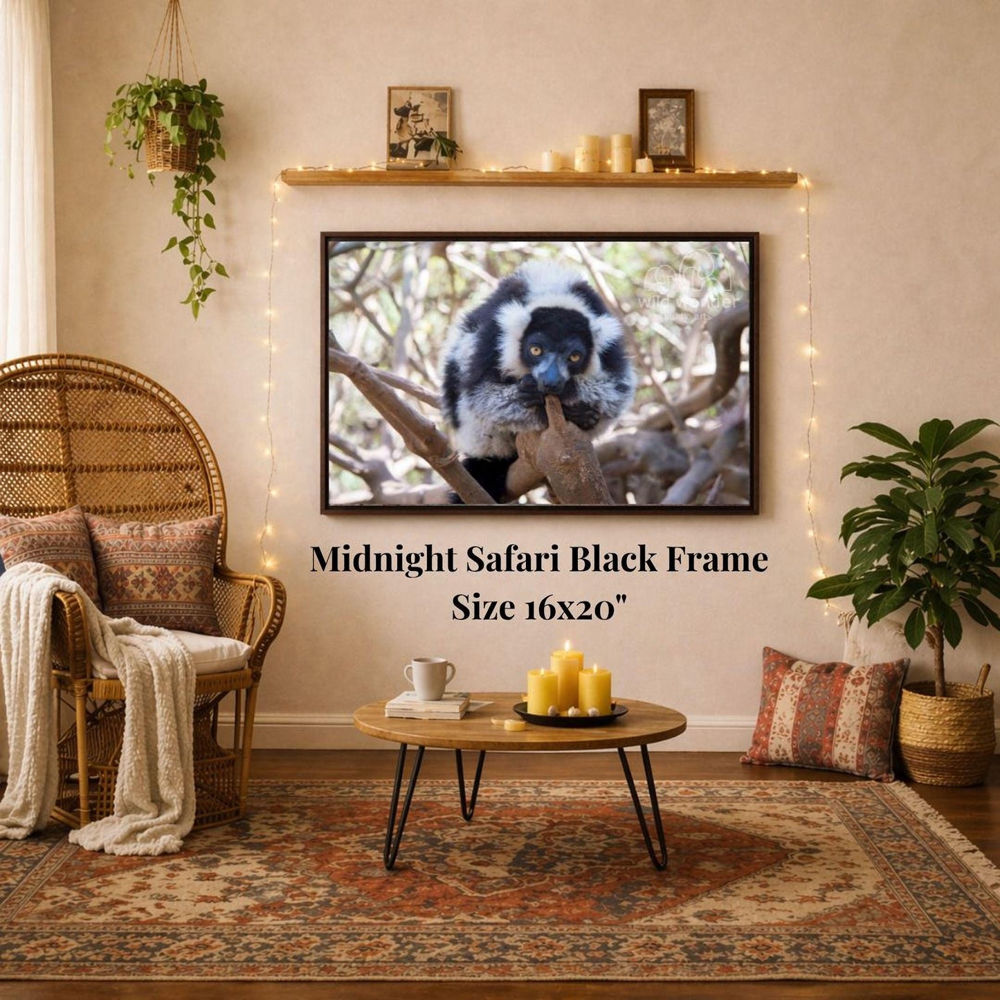 a living room with a large framed photograph of a lemur hanging on the wall. The photograph is in a black frame and is 16x20 inches in size. The room has a cozy and inviting atmosphere, with a wicker chair, a coffee table, and a potted plant. The overall layout and decor suggest a comfortable and relaxing space.